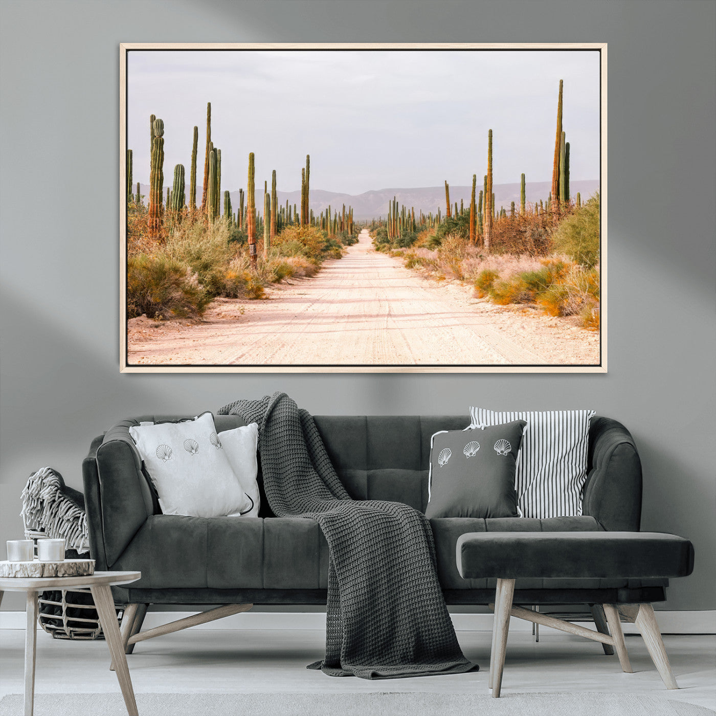 MGV-FC-36X24 - Desert Cactus Lined Road Wall Art Canvas Print, Framed Southwestern Landscape Art Picture Print, Bohemian Western Aesthetic Perfect Southwestern Boho Decor Artwork