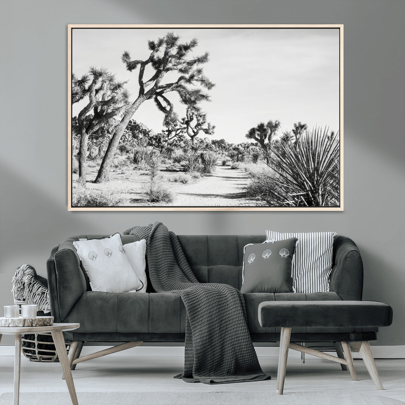 MGV-FC-36X24 - Joshua Tree Wall Art Canvas Print, Framed Desert Path Art Picture Print, Monochrome Desert Perfect Minimalist Desert Decor Artwork