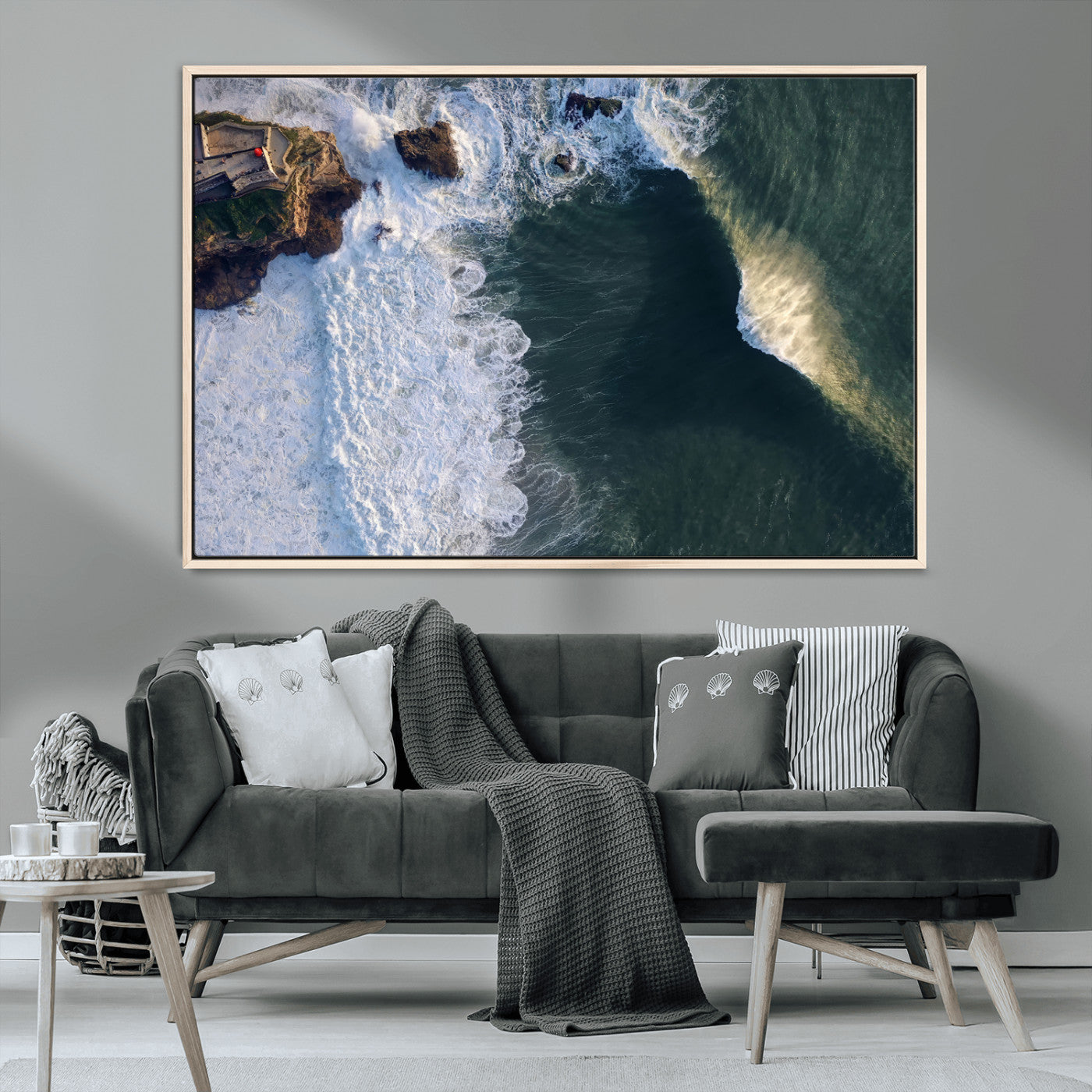 MGV-FC-36X24 - Nazaré Coast Wall Art Canvas Print, Framed Aerial Ocean Art Picture Print, Coastal Fortress Perfect Dramatic Coastal Decor Artwork