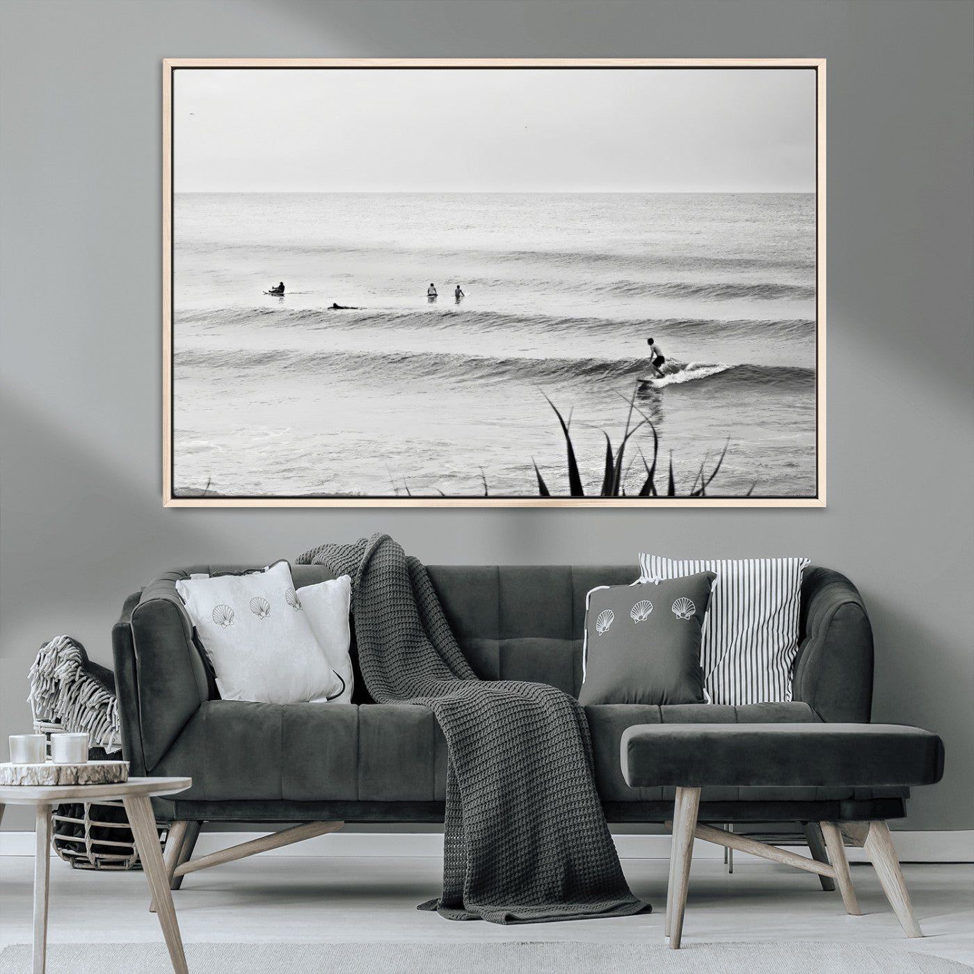 MGV-FC-36X24 - Surfer Silhouette Wall Art Canvas Print, Framed Calm Ocean Art Picture Print, Monochrome Surf Perfect Minimalist Coastal Decor Artwork