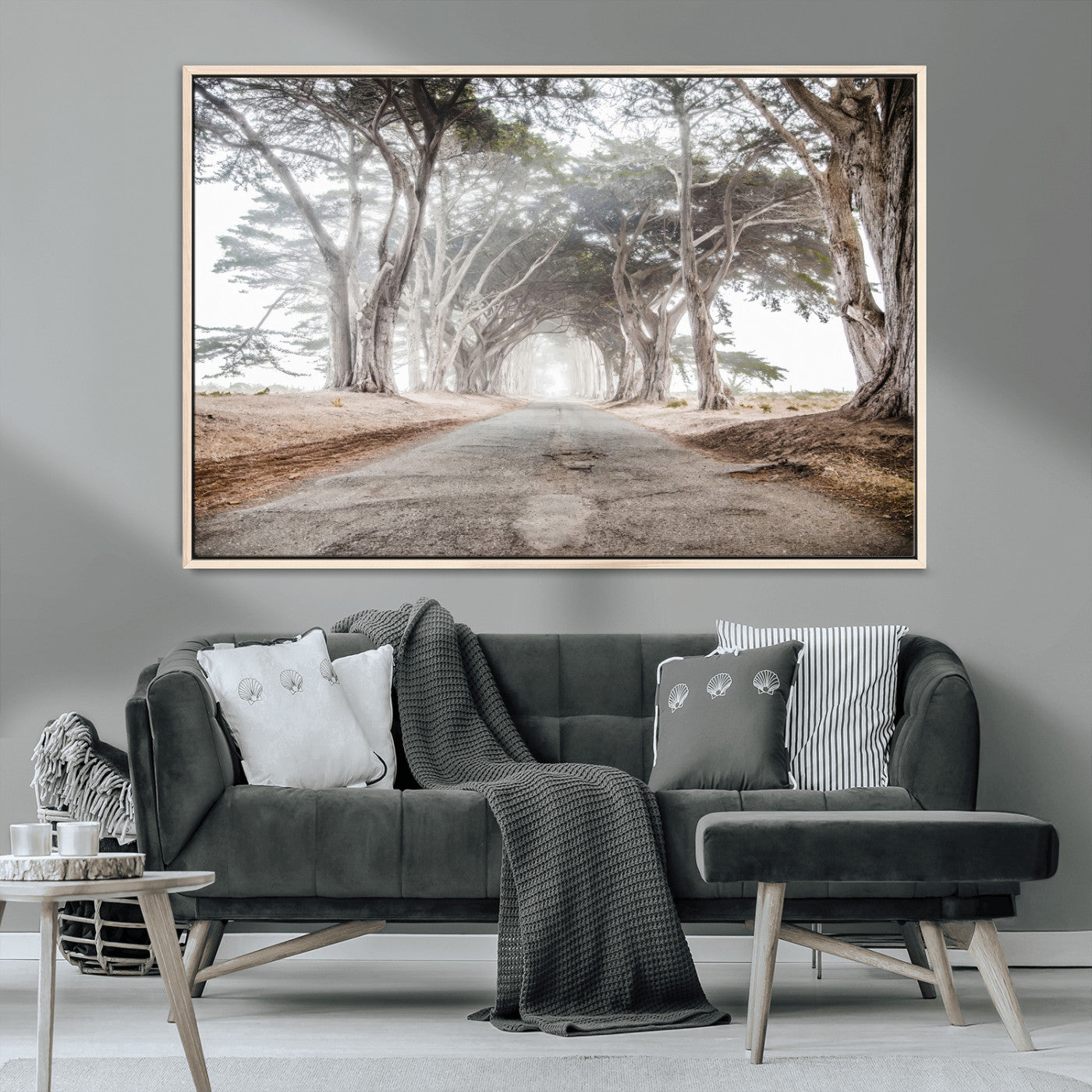 MGV-FC-36X24 - Cypress Tunnel Wall Art Canvas Print, Framed Misty Road Art Picture Print, Foggy Trees Perfect Rustic Woodland Decor Artwork