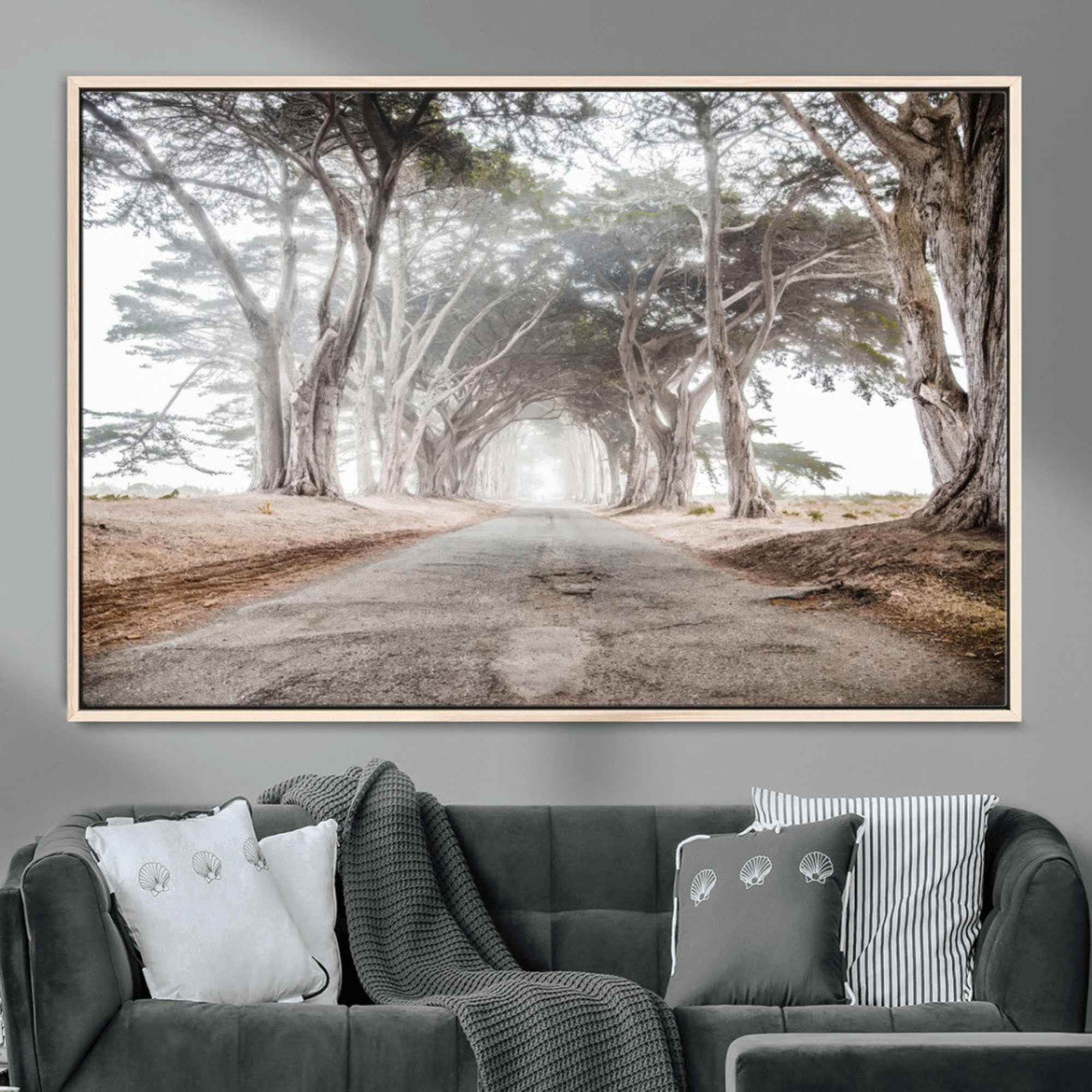 87090469-MGV-CV-36X24-Cypress Tunnel Wall Art – Framed Misty Road Canvas Artwork, Foggy Trees Design, Rustic Woodland Nature Decor for Home, Office