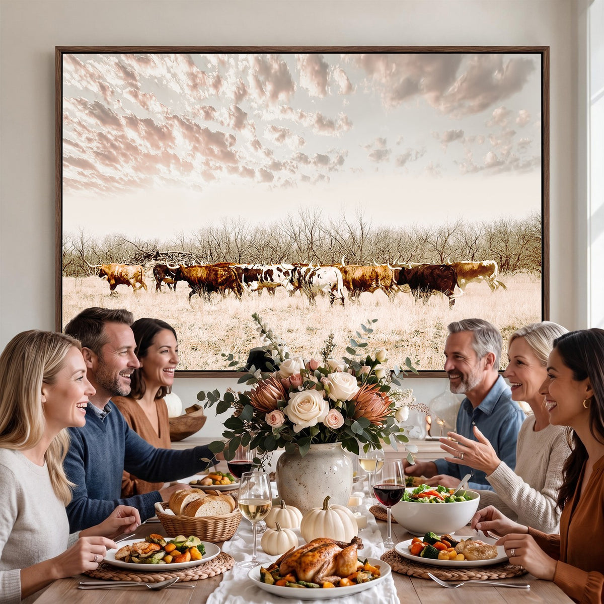 64892775-MGV-CV-24X16 - Longhorn Cattle Wall Art Canvas Print, Framed Texas Ranch Art, Western Cow Print, Prairie Landscape Decor