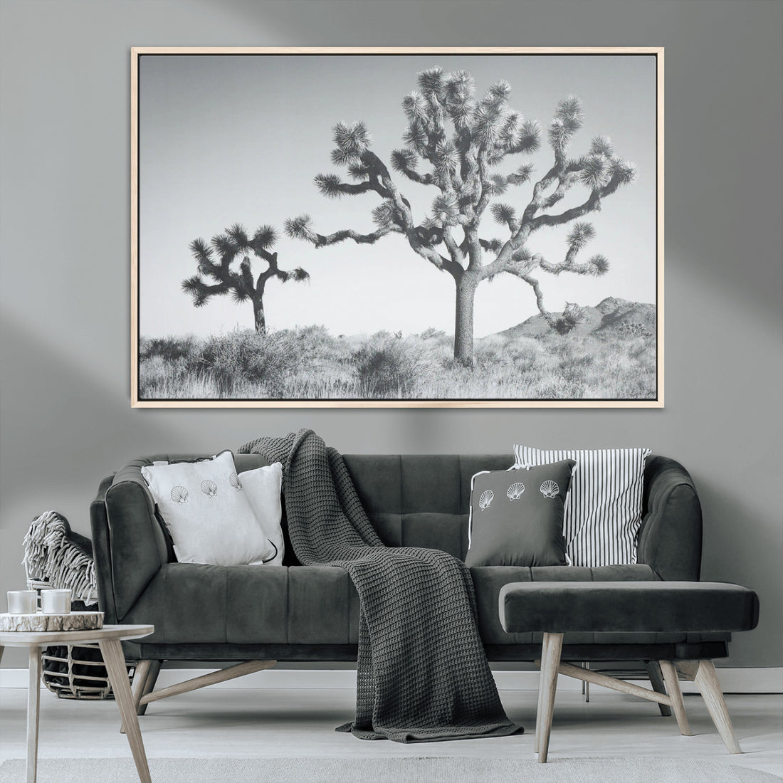 Joshua Tree Wall Art Canvas Print, Framed Black and White Desert Landscape Artwork