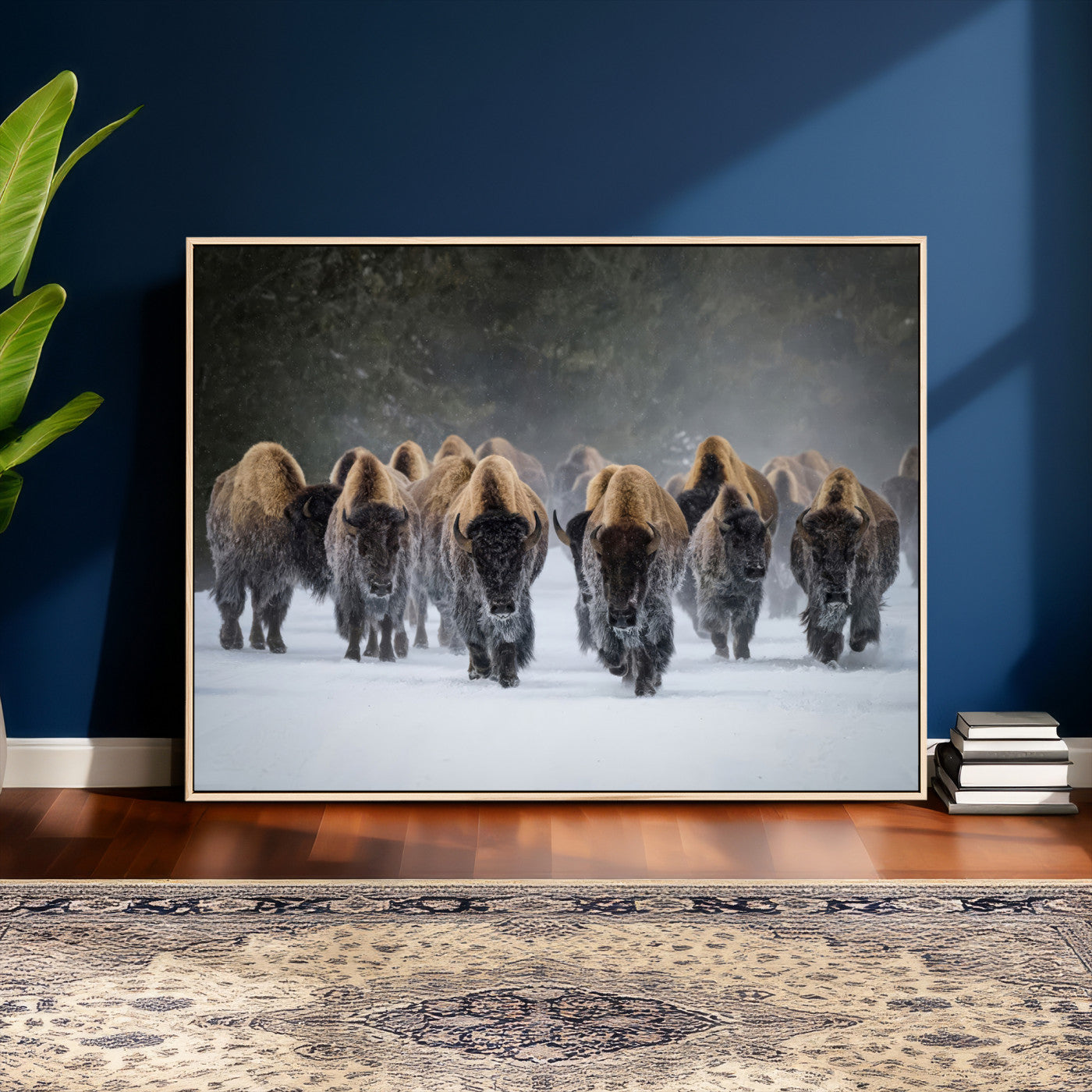 41669135-MGV-CV-36X24 - Winter Bison Herd Wall Art – Majestic Buffalo Charge Canvas Print with Snow Covered Plains, Rustic Wildlife Strength and Untamed Nature Decor for Home and Office
