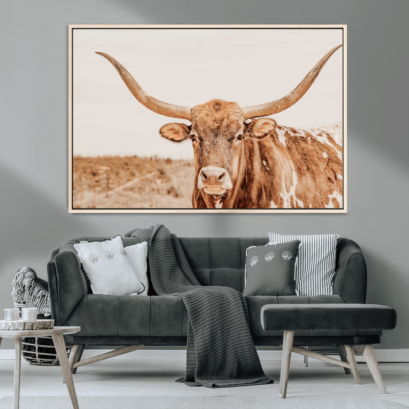 MGV-FC-36X24 - Longhorn Bull Wall Art Canvas Print, Framed Western Cow Art Picture Print, Rustic Farmhouse Perfect Neutral Farmhouse Decor Artwork
