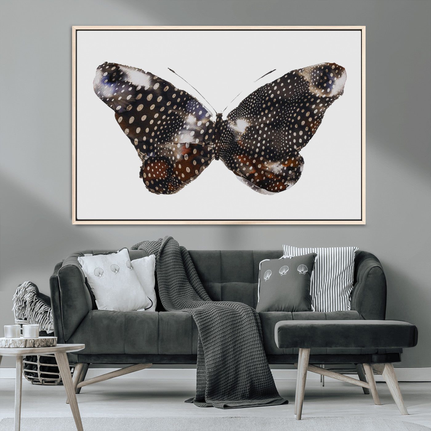 MGV-FC-36X24 - Spotted Butterfly Wall Art Canvas Print, Framed Neutral Insect Theme Art Picture Print, Earthy Wing Pattern Perfect Modern Rustic Decor Artwork