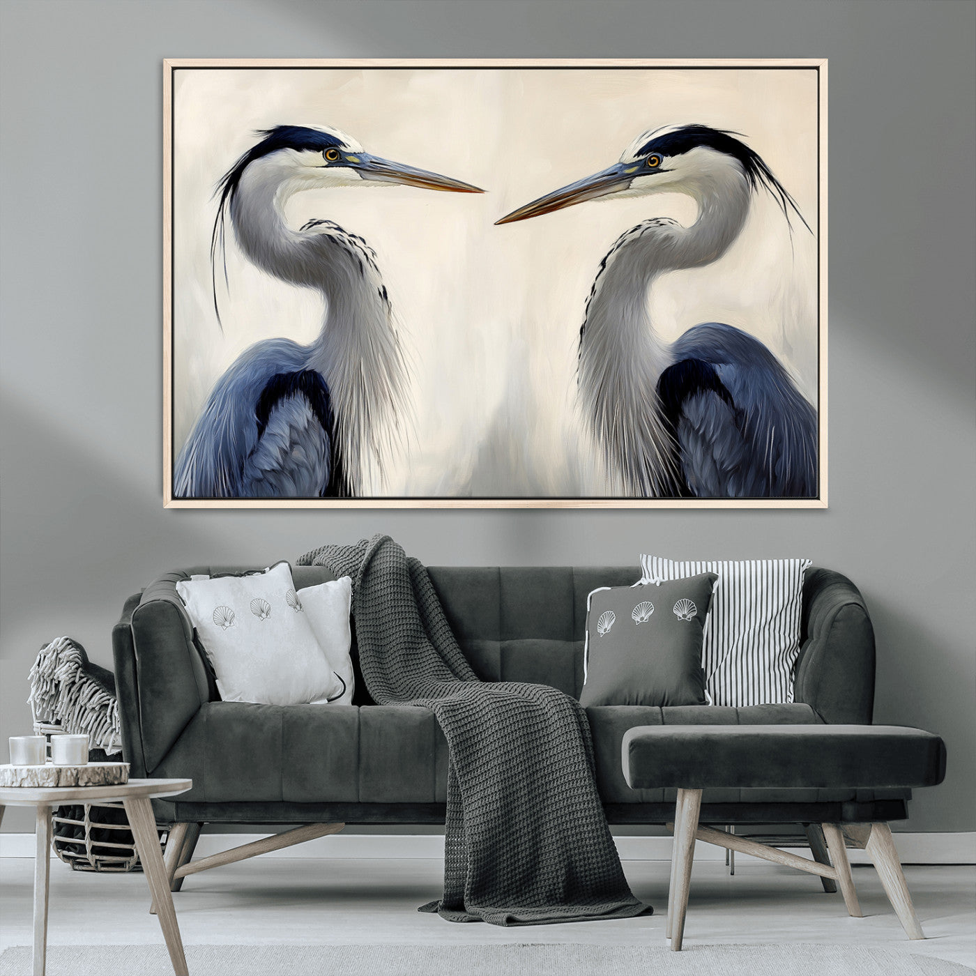 MGV-FC-36X24 - Blue Heron Pair Wall Art Canvas Print, Framed Coastal Bird Theme Art Picture Print, Tranquil Wildlife Scene Perfect Coastal Minimalist Decor Artwork
