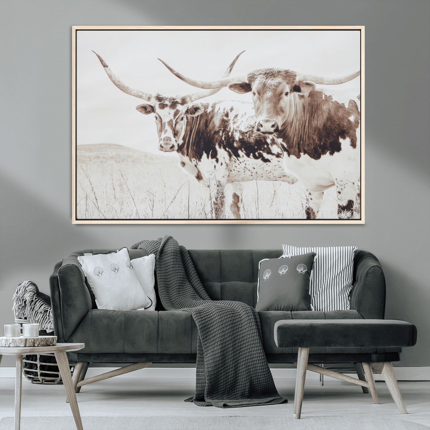 MGV-FC-36X24 - Longhorn Wall Art Wall Art Canvas Print, Framed Western Cow Canvas Art Picture Print, Rustic Farm Decor Perfect Rustic Farmhouse Decor Artwork