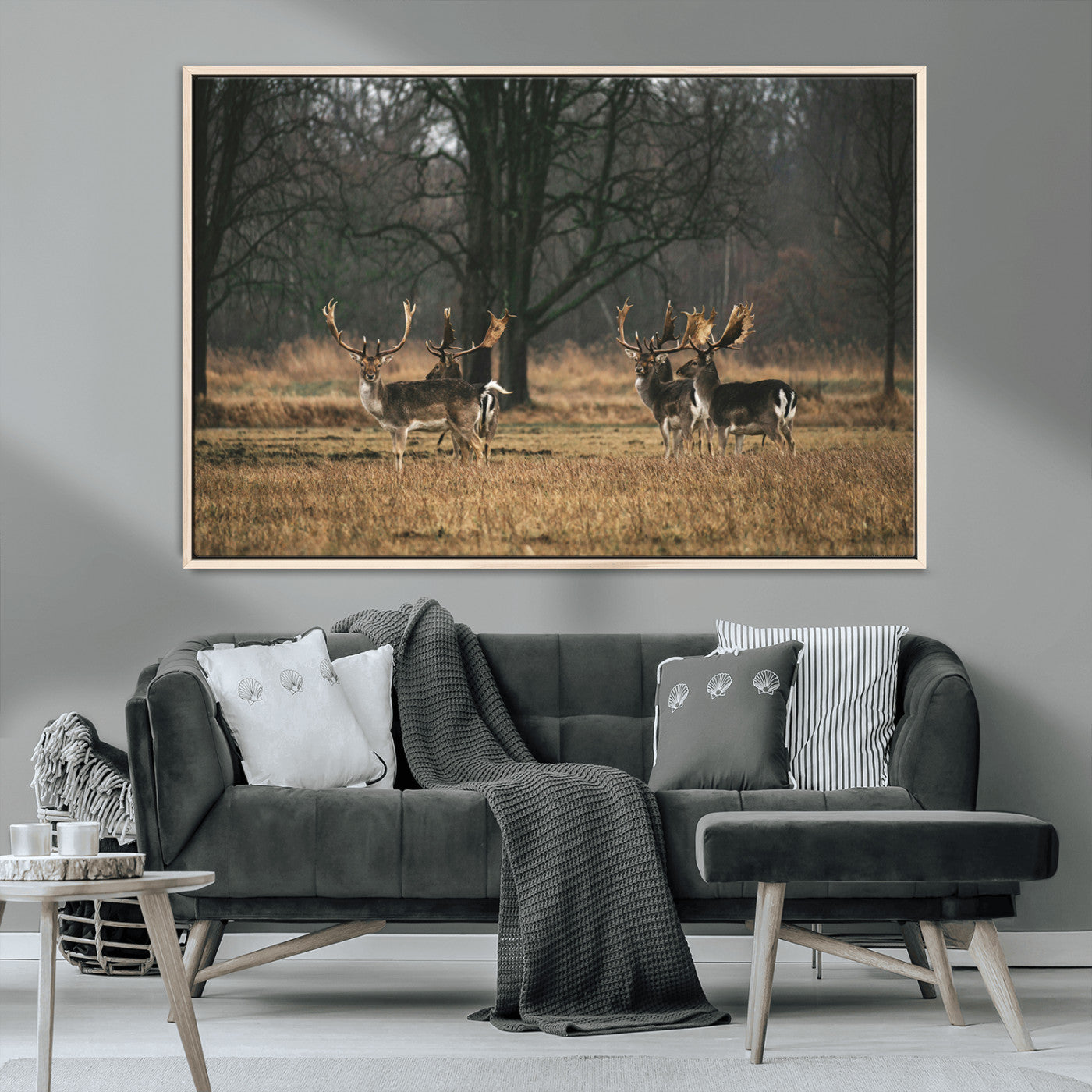 MGV-FC-36X24 - Deer Photography Wall Art Canvas Print, Framed Rustic Wildlife Art Picture Print, Stags In Forest Perfect Rustic Wilderness Decor Artwork