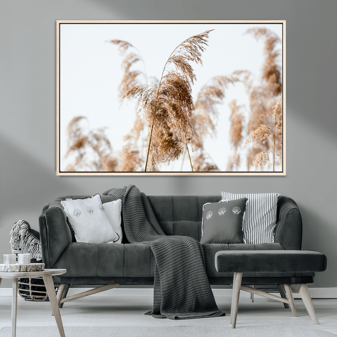 MGV-FC-36X24 - Pampas Grass Wall Art Canvas Print, Framed Neutral Tones Art Picture Print, Minimalist Nature Perfect Boho Decor Artwork