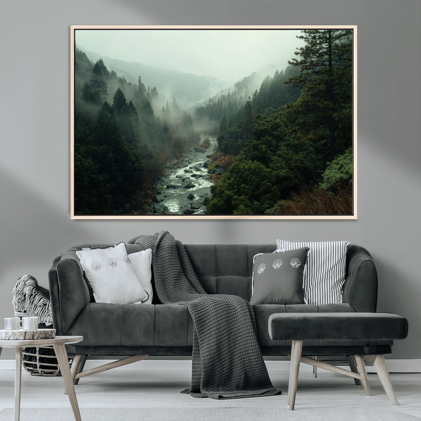 MGV-FC-36X24 - Misty Forest Wall Art Canvas Print, Framed Foggy River Art Picture Print, Moody Landscape Perfect Wilderness Decor Artwork