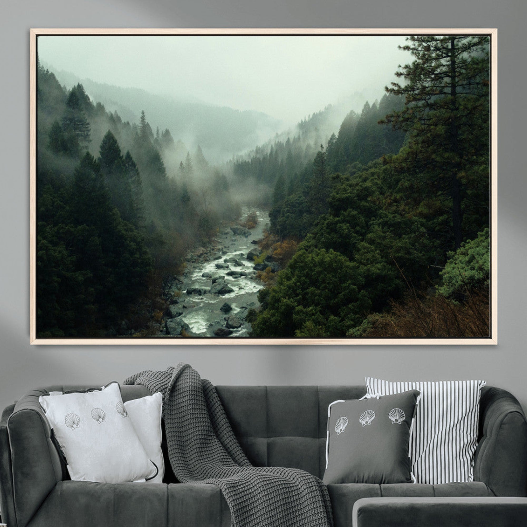 48497565-MGV-CV-36X24-Misty Forest Wall Art Canvas Print – Framed Foggy River Moody Landscape Wilderness Nature Scene Artwork for Home Office