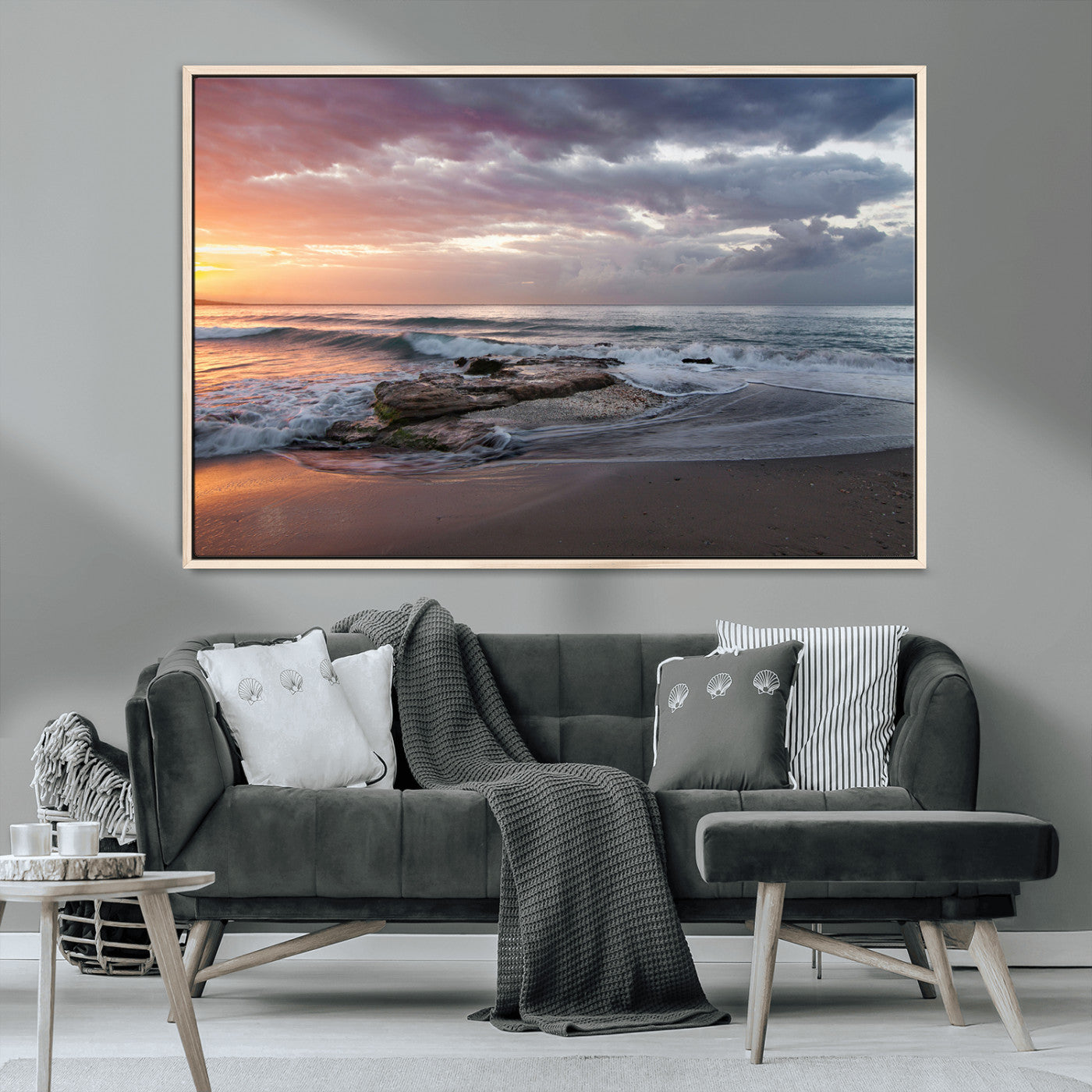 MGV-FC-36X24 - Golden Hour Wall Art Canvas Print, Framed Tranquil Waves Art Picture Print, Beach Perfect Coastal Serenity Decor Artwork