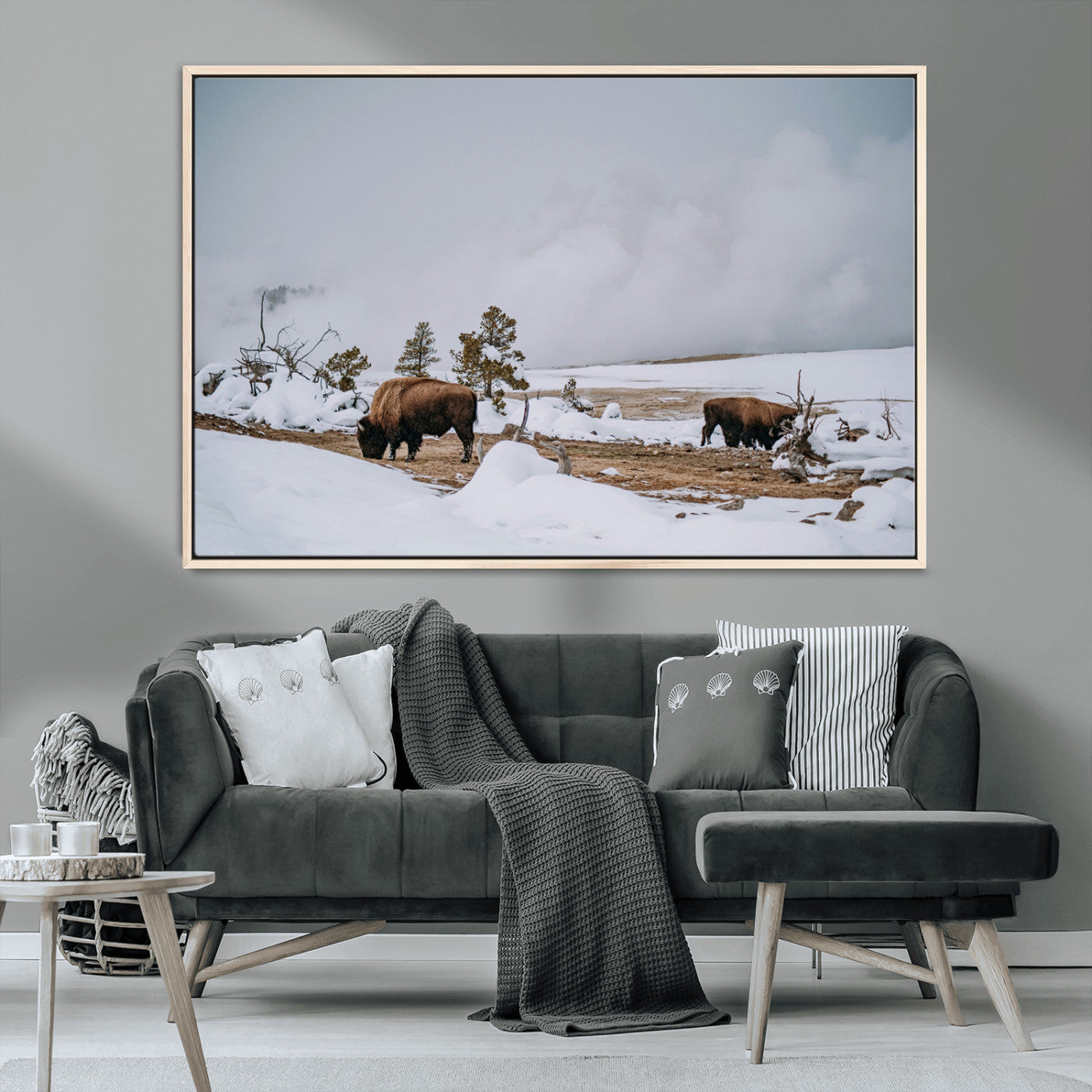 MGV-FC-36X24 - Bison Wildlife Wall Art Canvas Print, Framed Snowy Prairie Art Picture Print, Western Perfect Rustic Decor Artwork