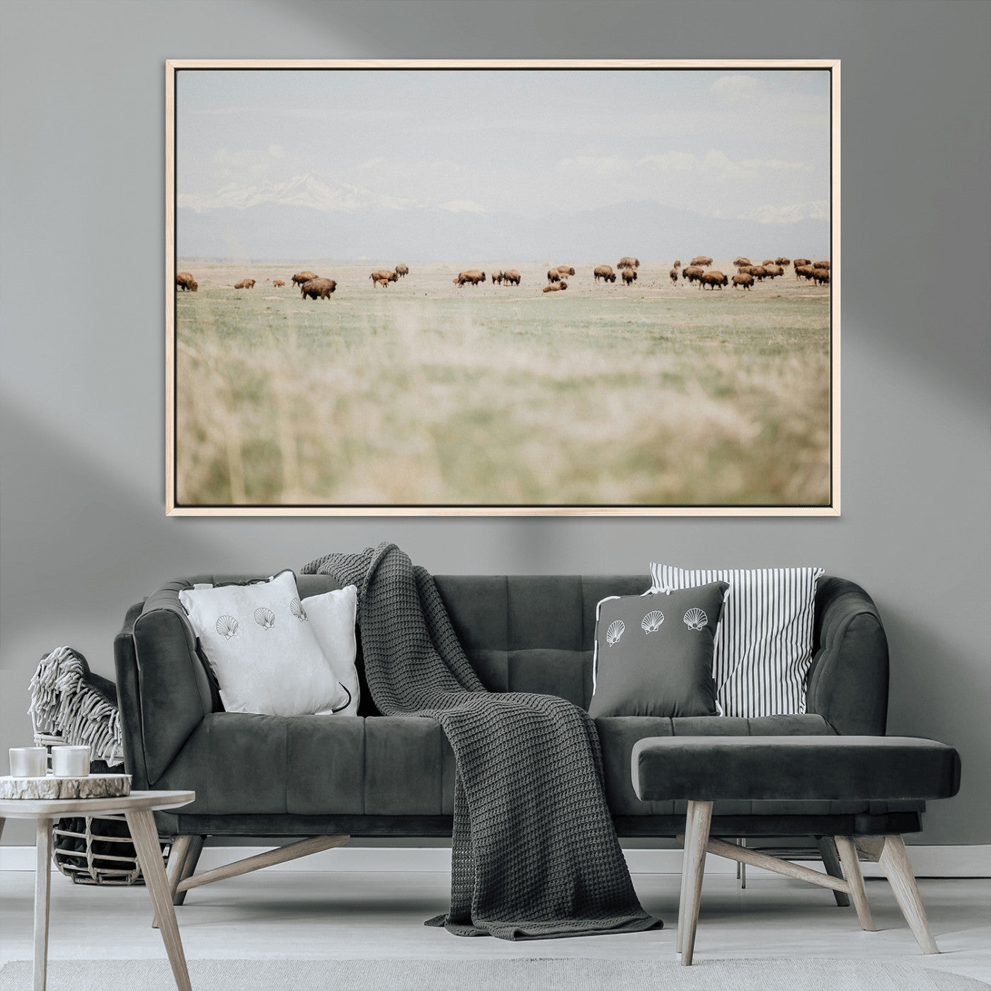 MGV-FC-36X24 - Bison Herd Wall Art Canvas Print, Framed Western Art Picture Print, Bison Perfect Ranch Decor Artwork
