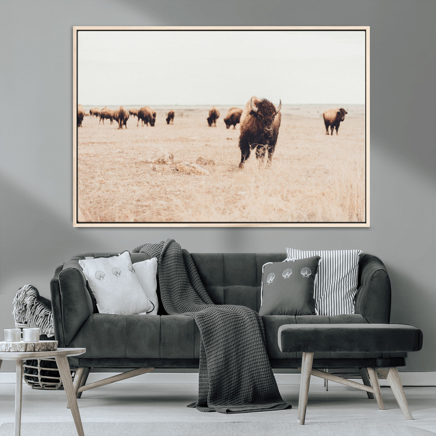 MGV-FC-36X24 - Bison Herd Wall Art Canvas Print, Framed Western Art Picture Print, Prairie Serenity Perfect Ranch Decor Artwork