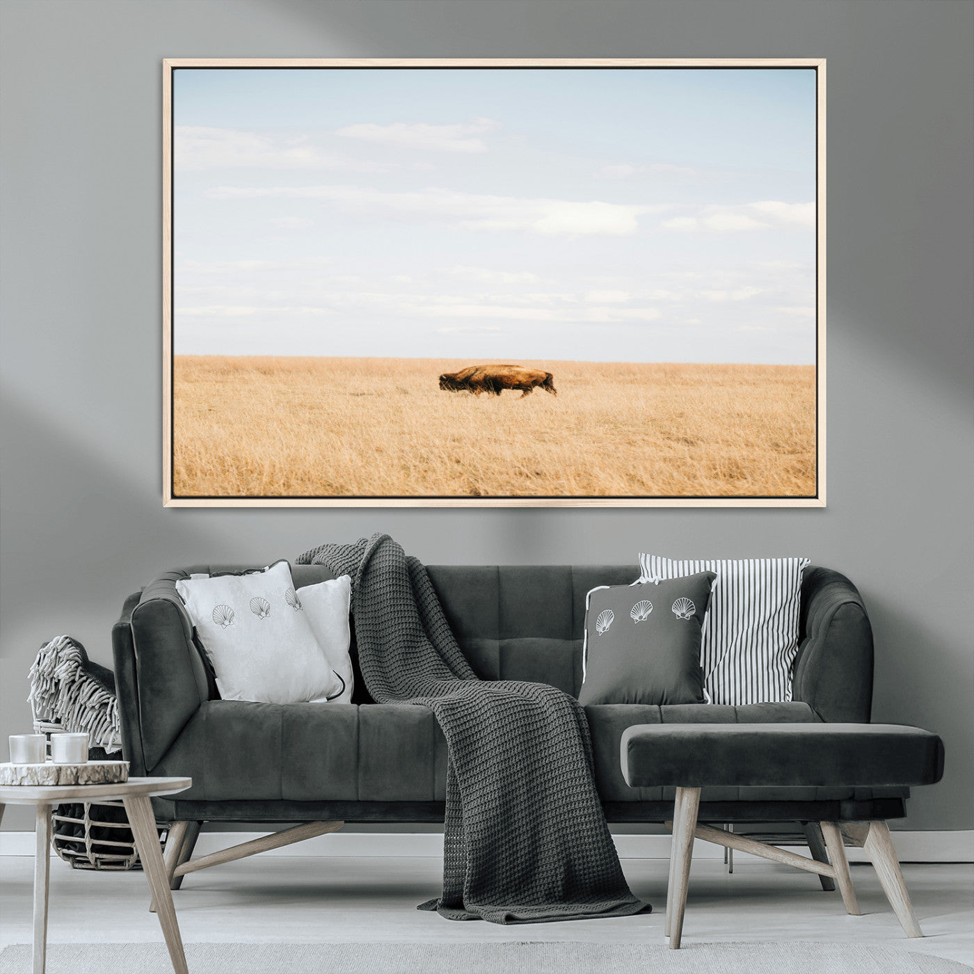 MGV-FC-36X24 - Minimalist Nature Wall Art Canvas Print, Framed Bison In Grassland Art Picture Print, Open Field Perfect Modern Ranch Decor Decor Artwork