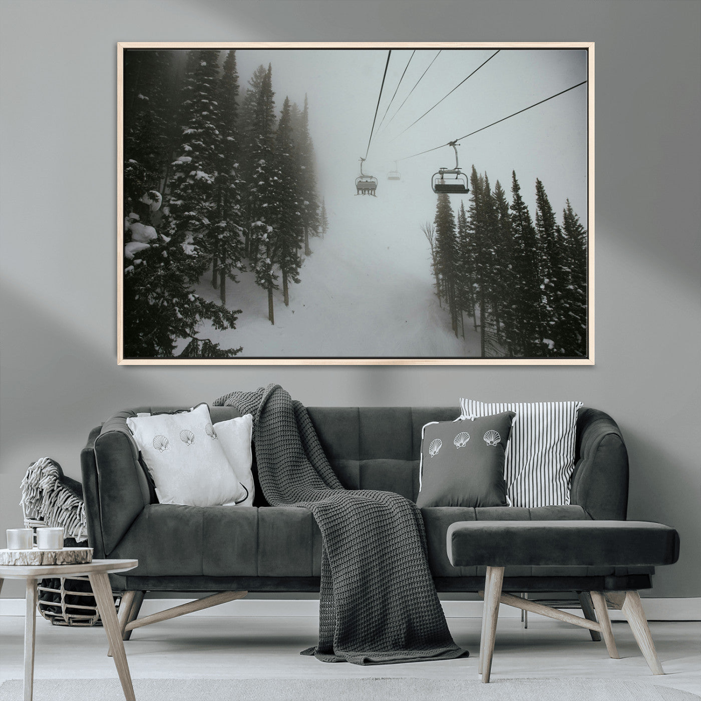 MGV-FC-36X24 - Ski Lift Wall Art Canvas Print, Framed Snowy Pines Art Picture Print, Misty Landscape Perfect Winter Serenity Decor Artwork