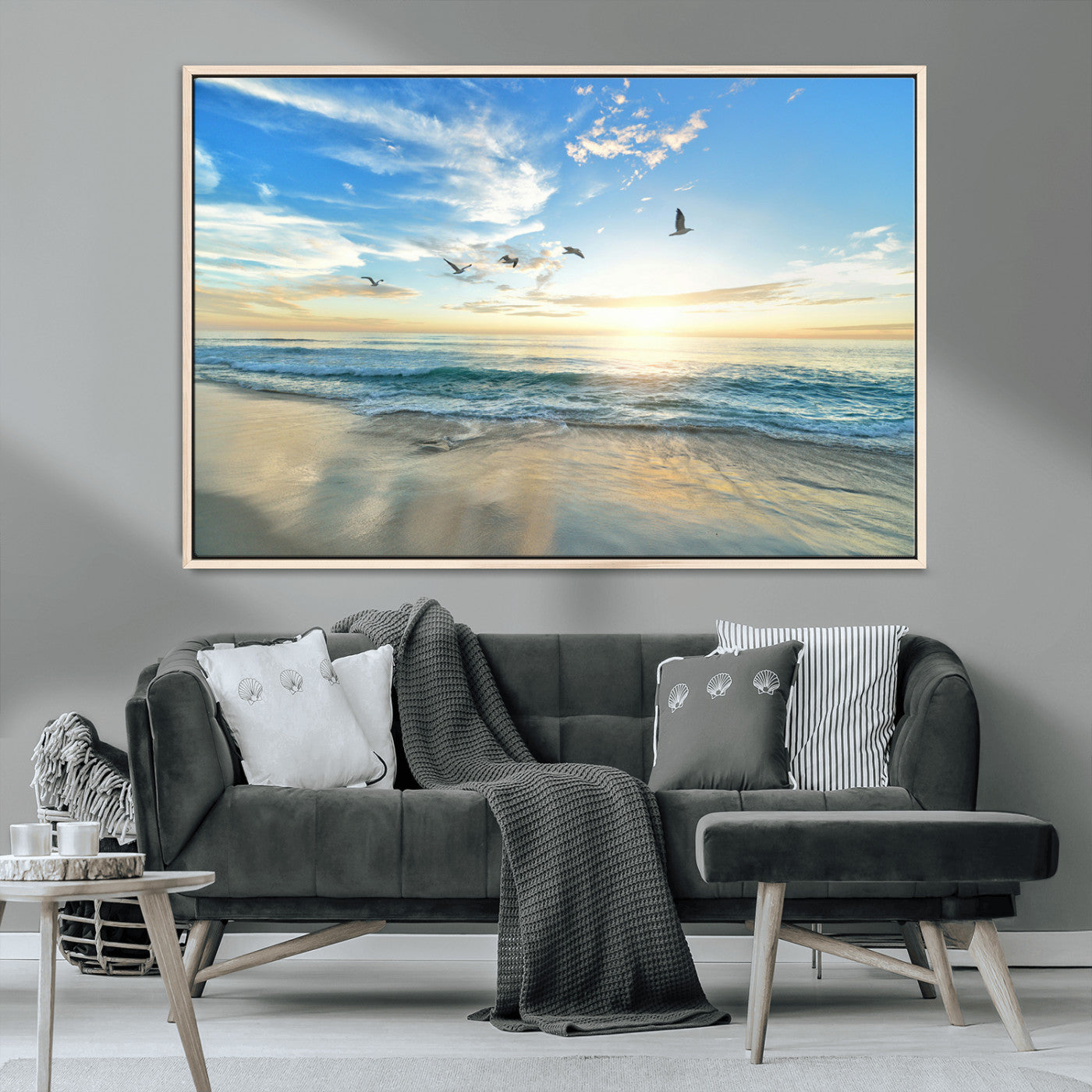 MGV-FC-36X24 - Minimalist Seaside Wall Art Canvas Print, Framed Morning Glow Art Picture Print, Golden Reflections Perfect Coastal Minimalist Decor Artwork