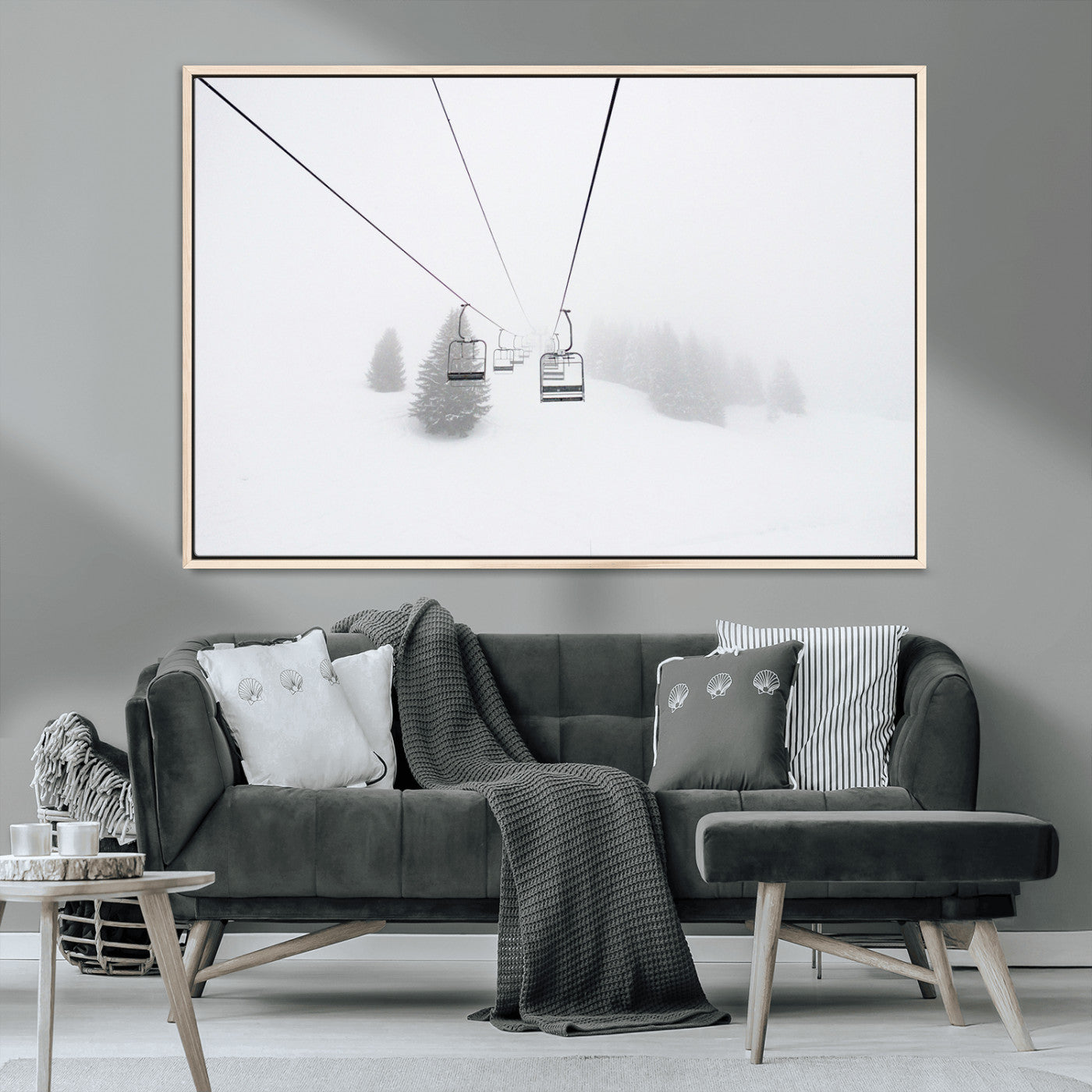MGV-FC-36X24 - Ski Lift Wall Art Canvas Print, Framed Snowy Landscape Art Picture Print, Alpine Adventure Perfect Nordic Minimalist Decor Artwork