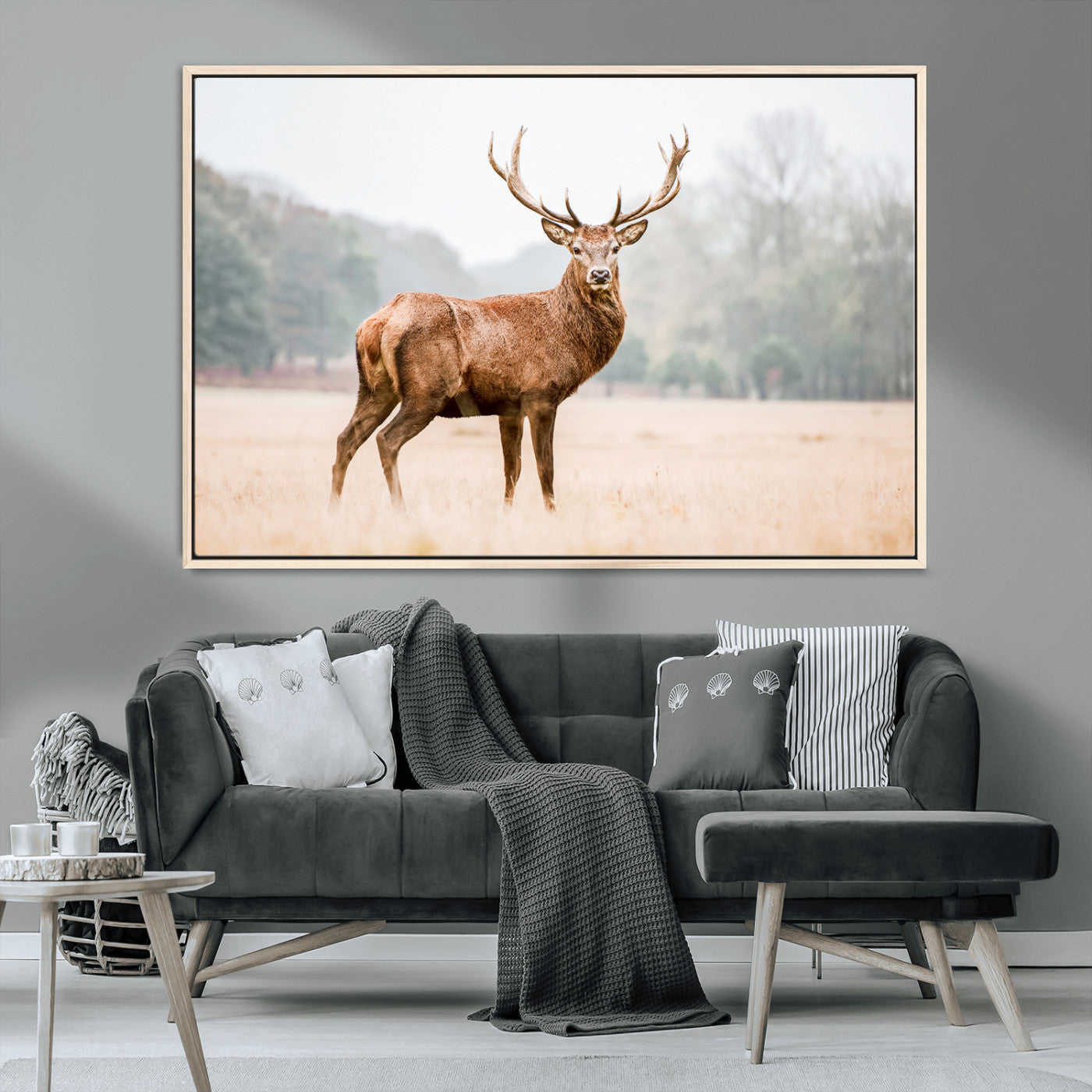 MGV-FC-36X24 - Vintage Wildlife Art Wall Art Canvas Print, Framed Misty Landscape Art Picture Print, Deer Wall Art Perfect Rustic Wildlife Decor Artwork