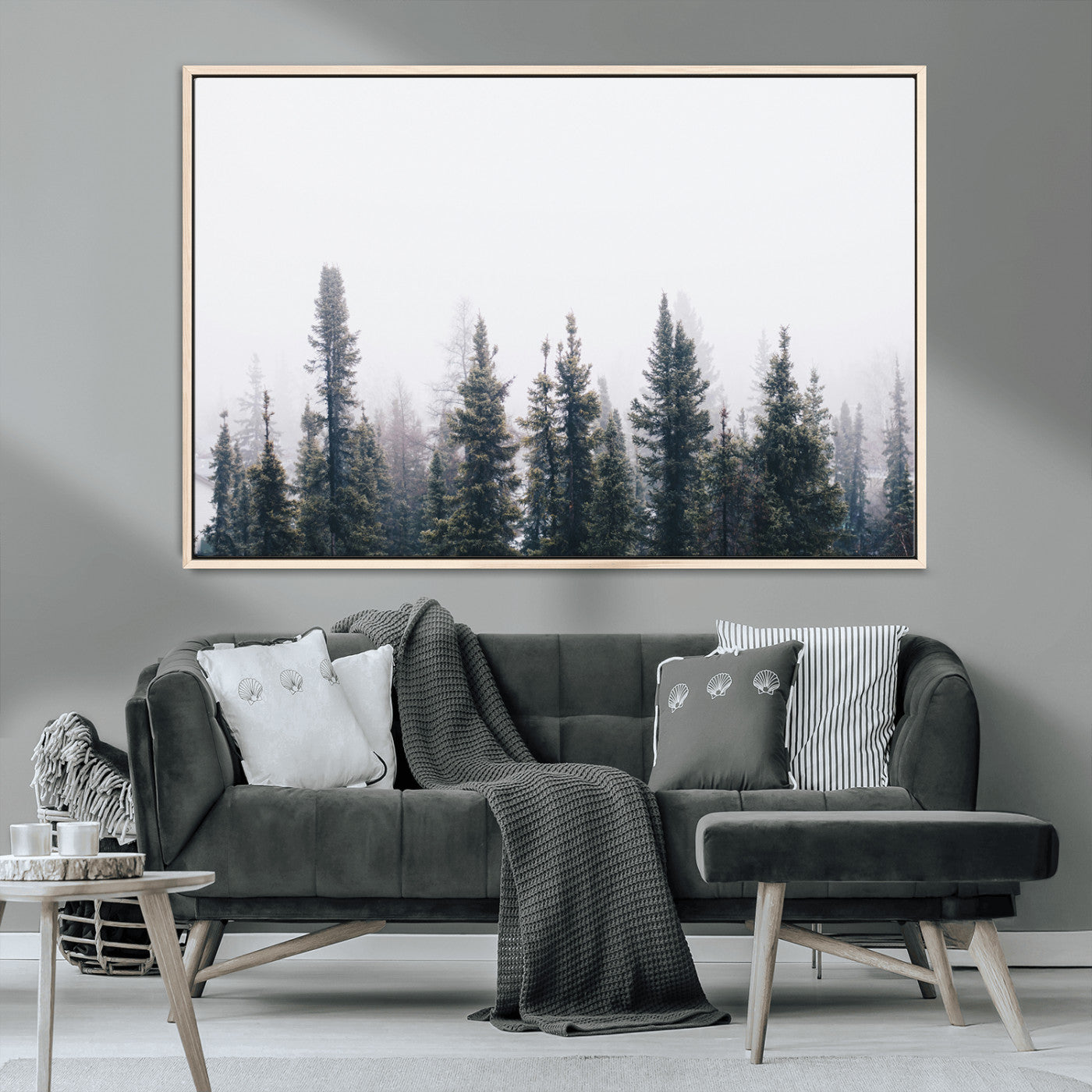 MGV-FC-36X24 - Foggy Forest Wall Art Canvas Print, Framed Misty Pines Art Picture Print, Moody Woodland Perfect Scandinavian Minimalist Decor Artwork