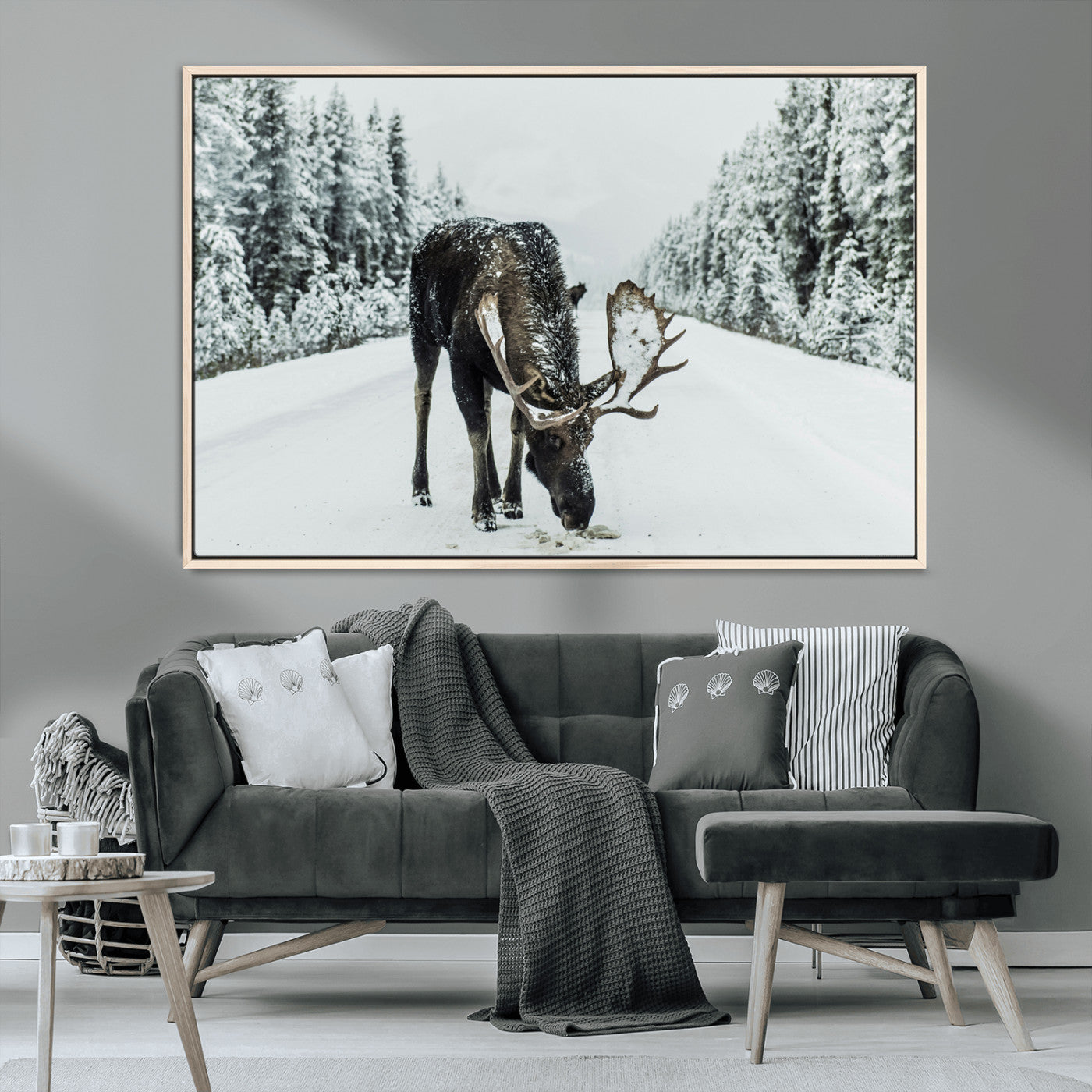 MGV-FC-36X24 - Moose in Snow Wall Art Canvas Print, Framed Winter Wildlife Art Picture Print, Snowy Forest Scene Perfect Rustic Lodge Decor Artwork