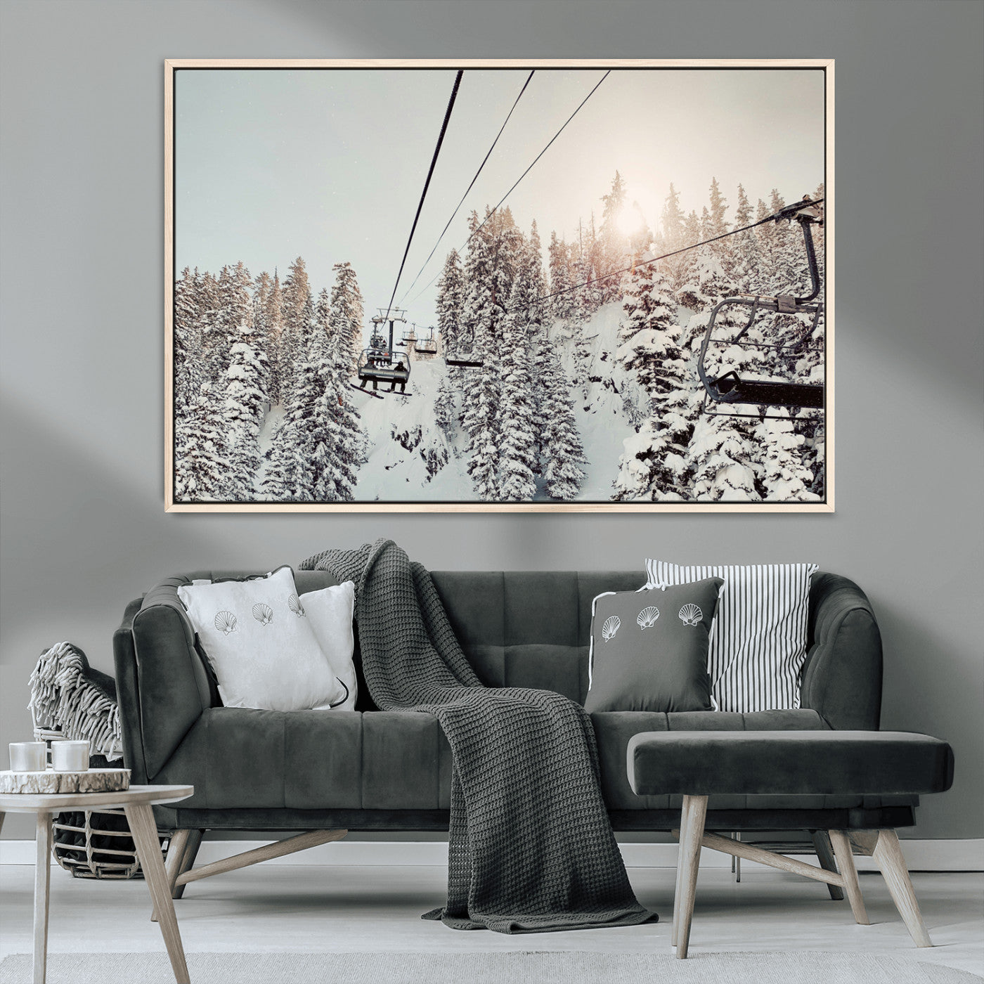 MGV-FC-36X24 - Frosty Pines Wall Art Canvas Print, Framed Cozy Cabin View Art Picture Print, Ski Lift Ride Perfect Rustic Lodge Decor Artwork