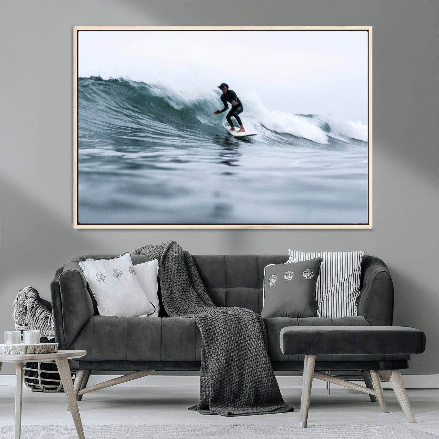 MGV-FC-36X24 - Surfer on Wave Wall Art Canvas Print, Framed Ocean Adventure Art Picture Print, Motion Blur Water Perfect Coastal Adventure Decor Artwork