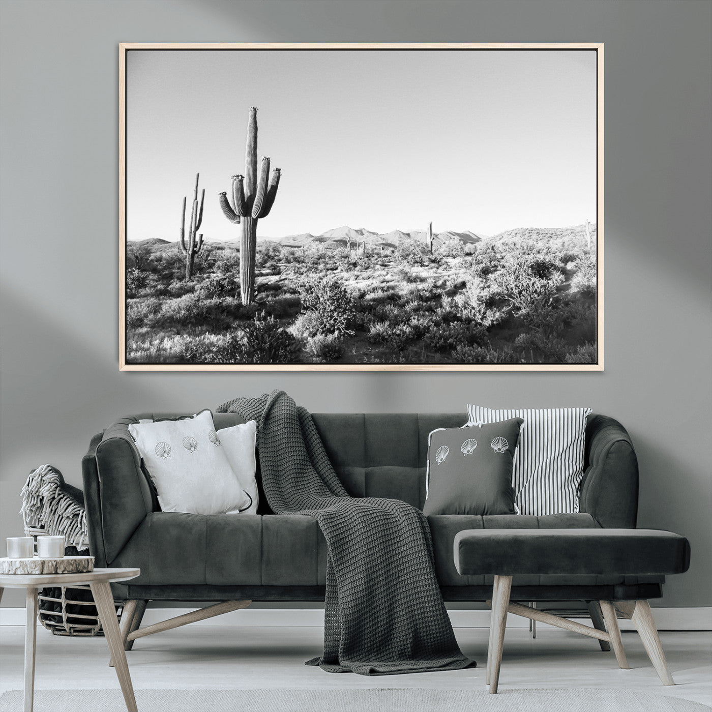 MGV-FC-36X24 - Saguaro Cactus Wall Art Canvas Print, Framed Monochrome Landscape Art Picture Print, Scenic Arizona View Perfect Minimalist Western Decor Artwork