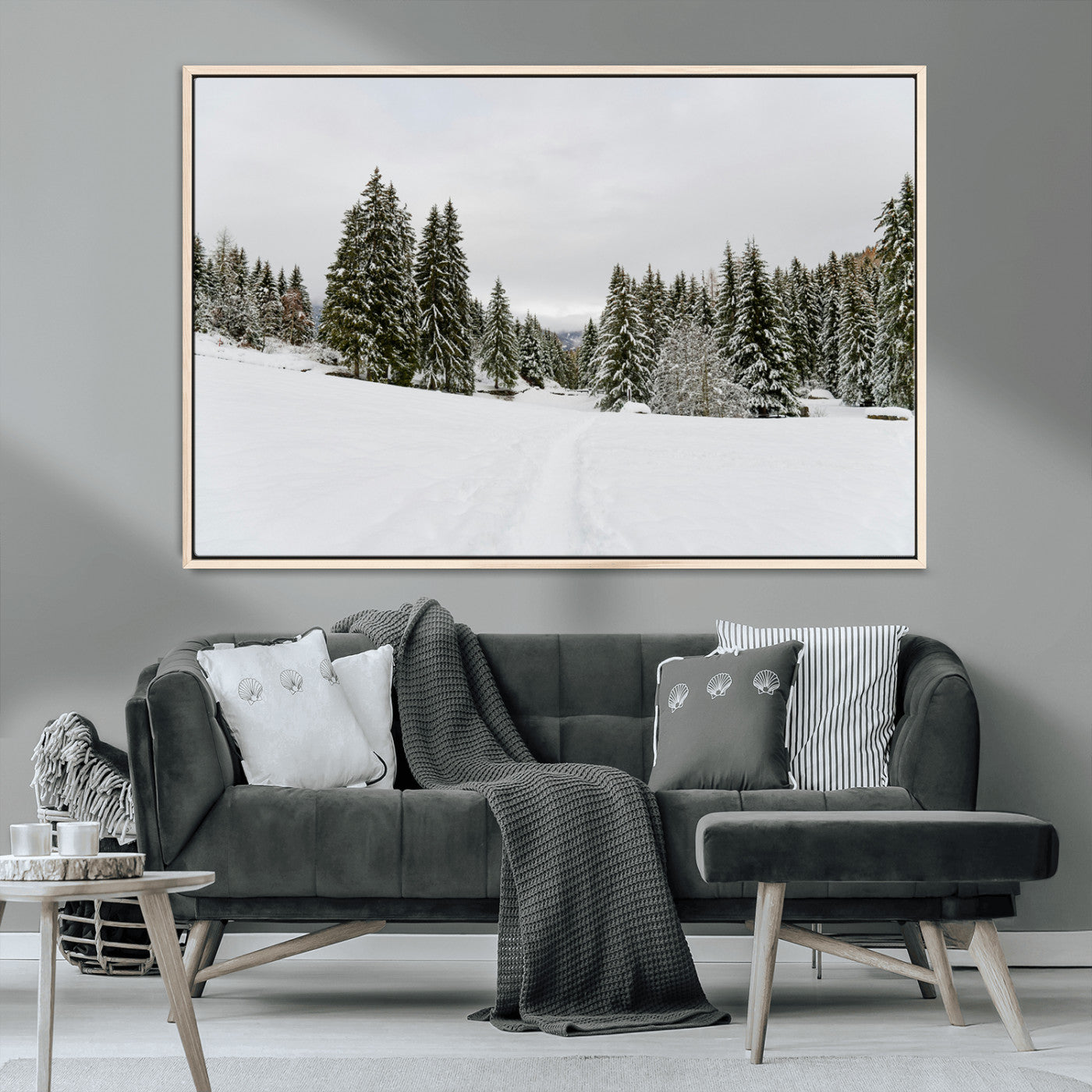 MGV-FC-36X24 - Frosty Pines Wall Art Canvas Print, Framed Silent Snowfall Art Picture Print, Cozy Cabin Vibes Perfect Nordic Minimalist Decor Artwork