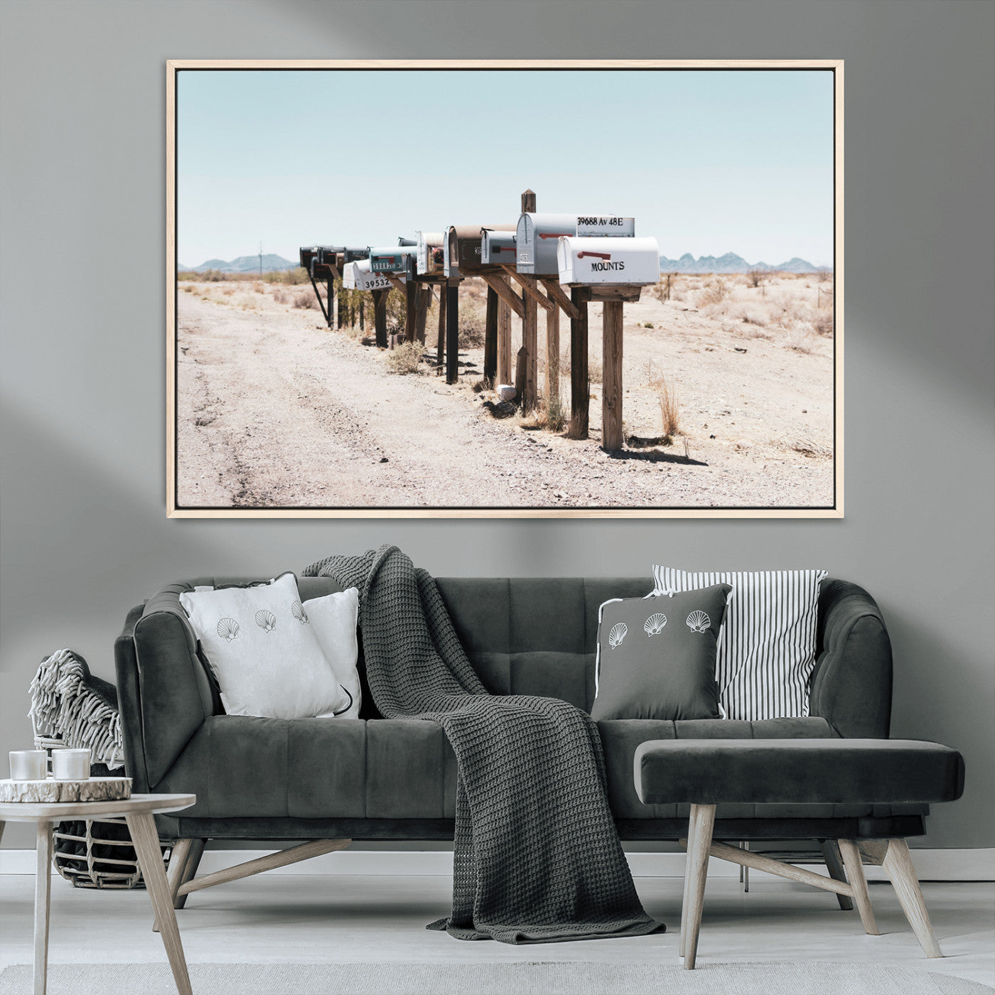 MGV-FC-36X24 - Desert Mailboxes Canvas Print – Minimal Western Landscape Photography, Rustic Americana Wall Art for