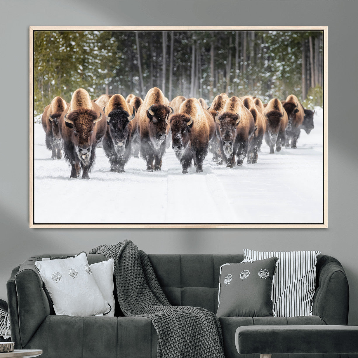 96906195-MGV-FC-36X24 - American Bison Herd Snow Canvas Wall Art – Powerful Winter Wildlife Print of Buffalo Motion, Rustic Lodge or Western Cabin Decor for Living Room, Office