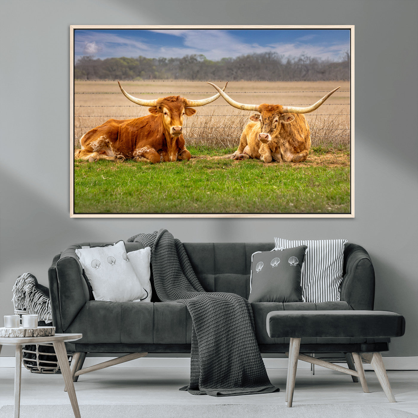 MGV-FC-36X24 - Texas Longhorn Pair Wall Art Canvas Print – Peaceful Rustic Ranch Scene with Two Cattle in Field,