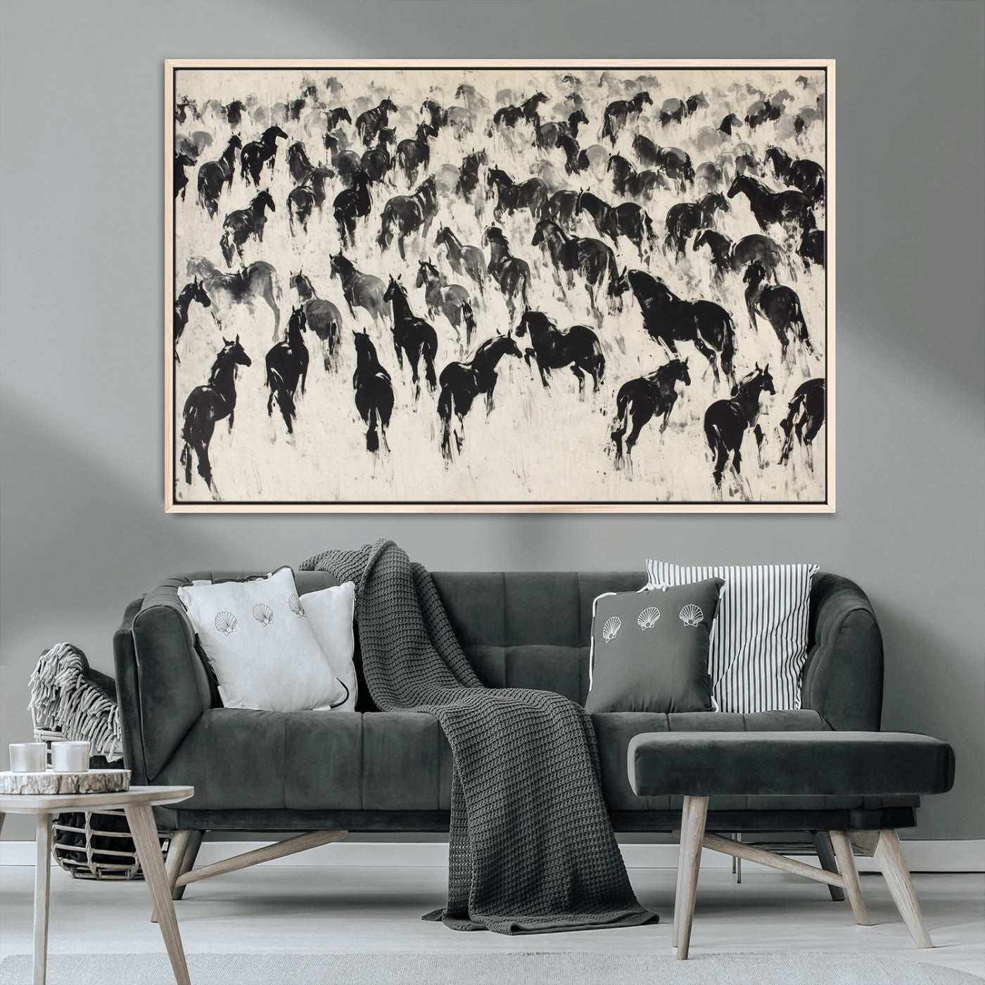 MGV-FC-36X24 - Wild Horse Stampede Wall Art Canvas Print – Monochrome Ink Brush Painting of Running Horses, Perfect