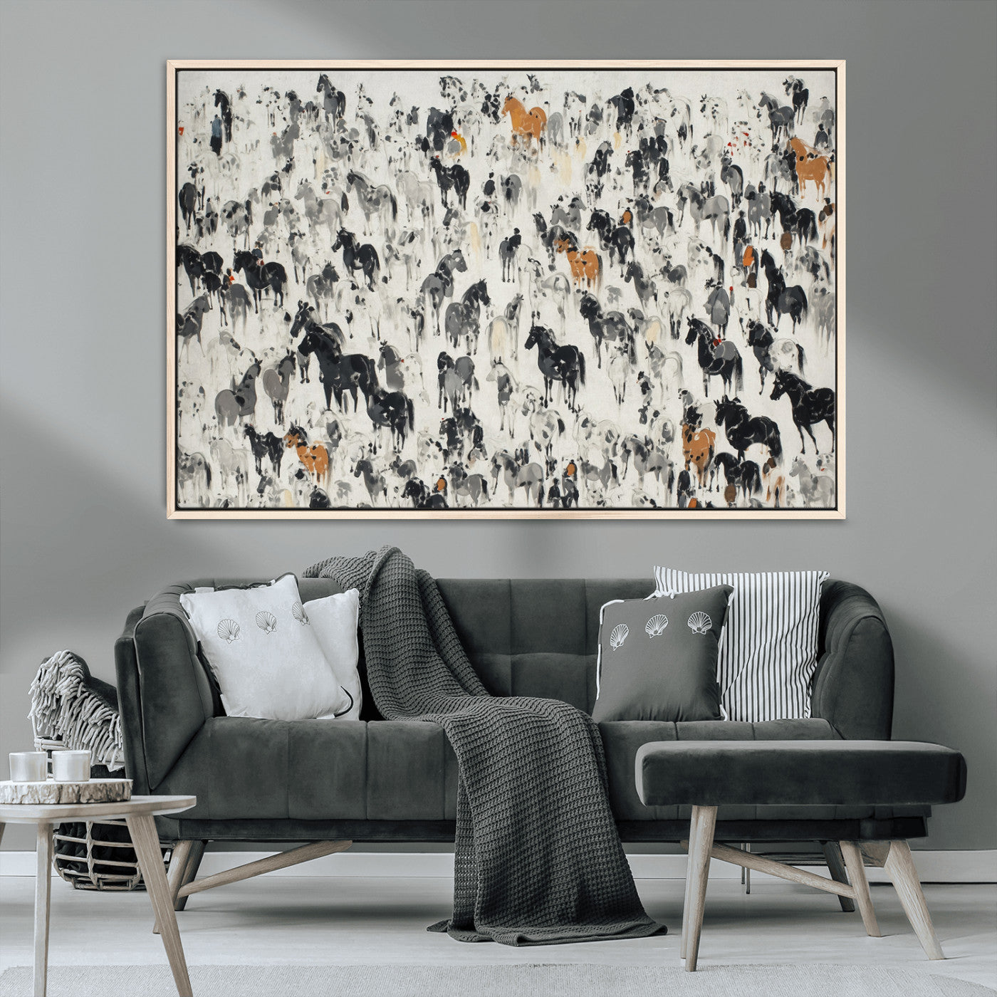 MGV-FC-36X24 - Wild Horse Stampede Wall Art Canvas Print – Monochrome Ink Brush Painting of Running Horses, Perfect