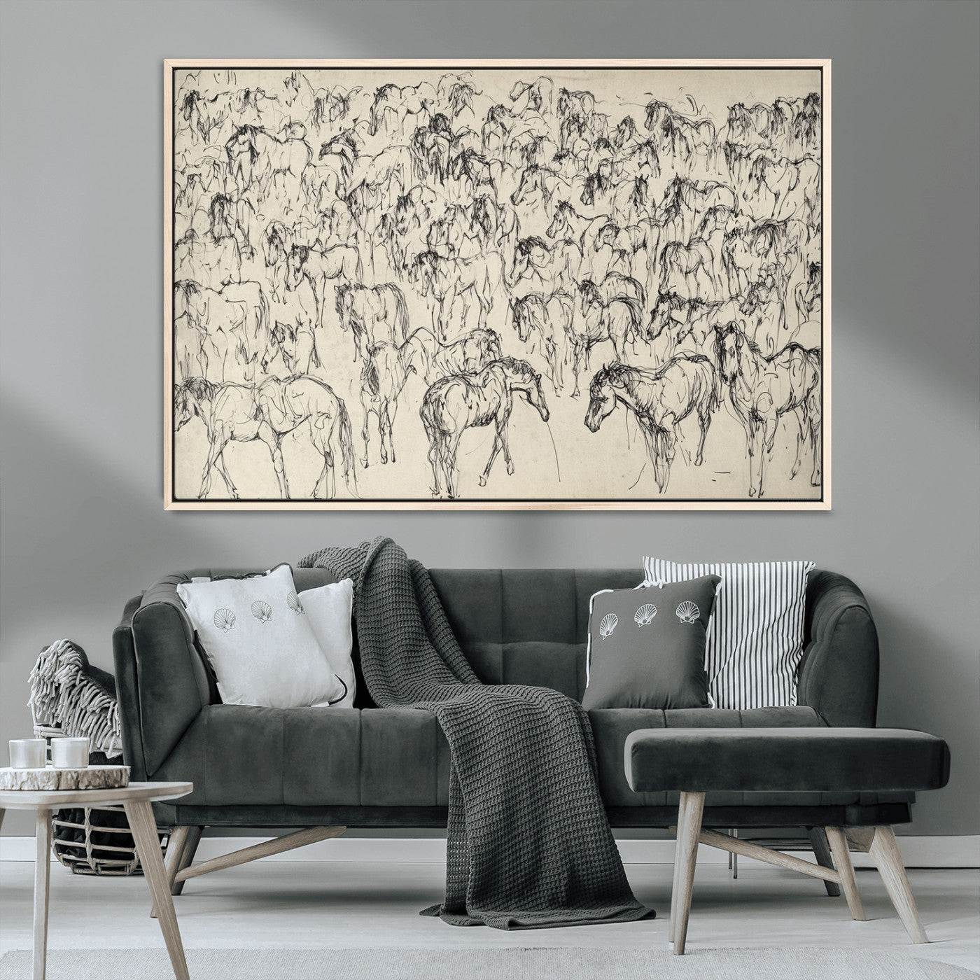 MGV-FC-36X24 - Wild Horse Stampede Wall Art Canvas Print – Monochrome Ink Brush Painting of Running Horses, Perfect