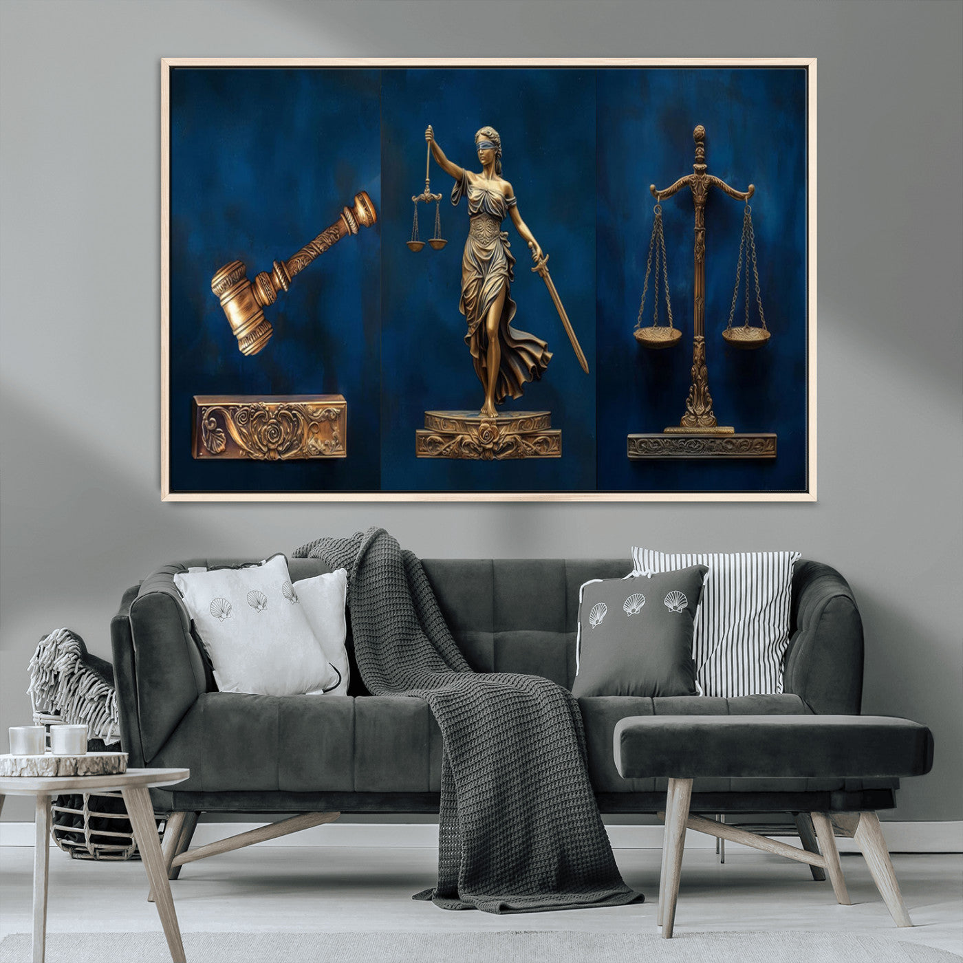 MGV-FC-36X24 - Lady Justice Wall Art Canvas Print – Elegant Gold Legal Symbols on Blue Background, Perfect for Law