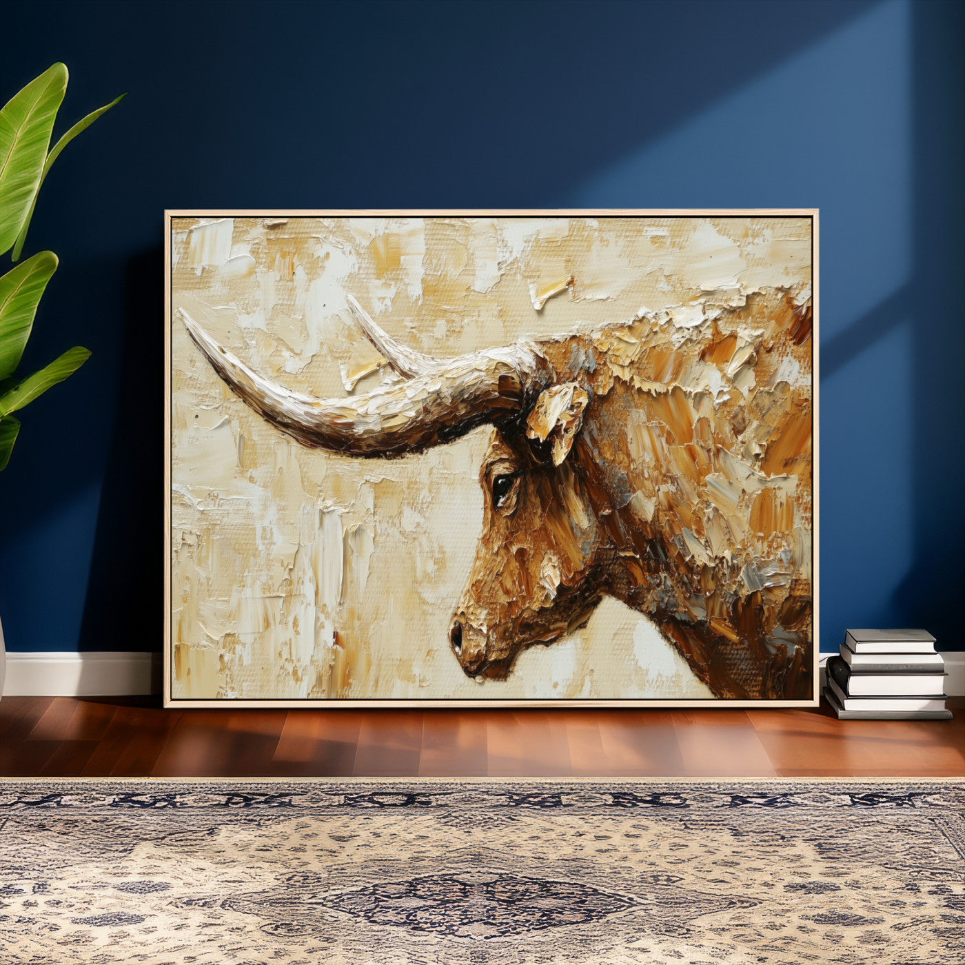 69611428-MGV-CV-36X24 - Rustic Longhorn Bull Wall Art Canvas Print – Vintage Western Cattle Painting, Texas Abstract Wall Cow Prints