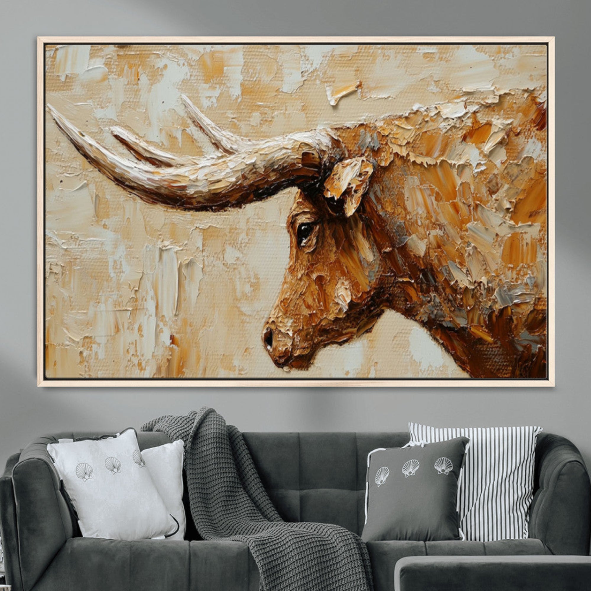 69611428-MGV-CV-36X24-Rustic Longhorn Bull Wall Art Canvas Print – Vintage Western Cattle Texas Steer Scene Artwork for home, office