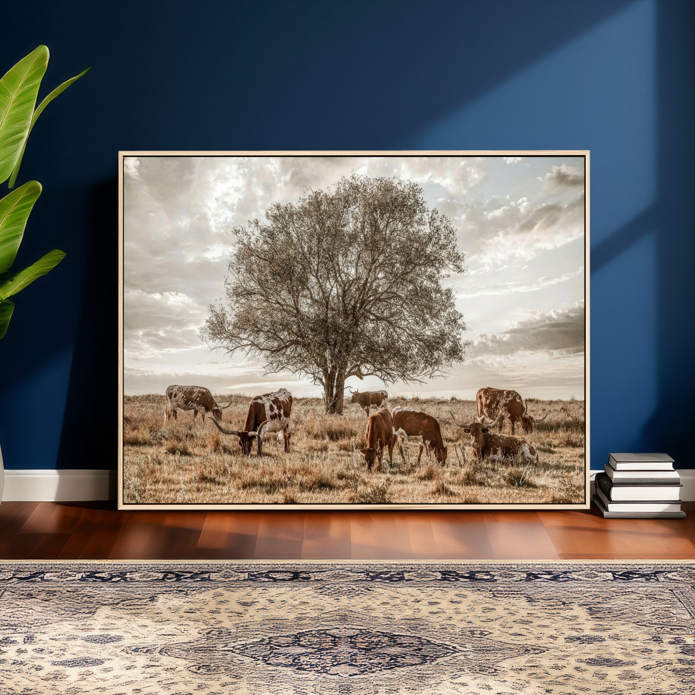 87590224-MGV-CV-36X24 - Texas Longhorn Cattle Wall Art Canvas Print – Rustic Western Ranch Scene with Steers at Sunset, Perfect for Farmhouse or Cowboy Decor