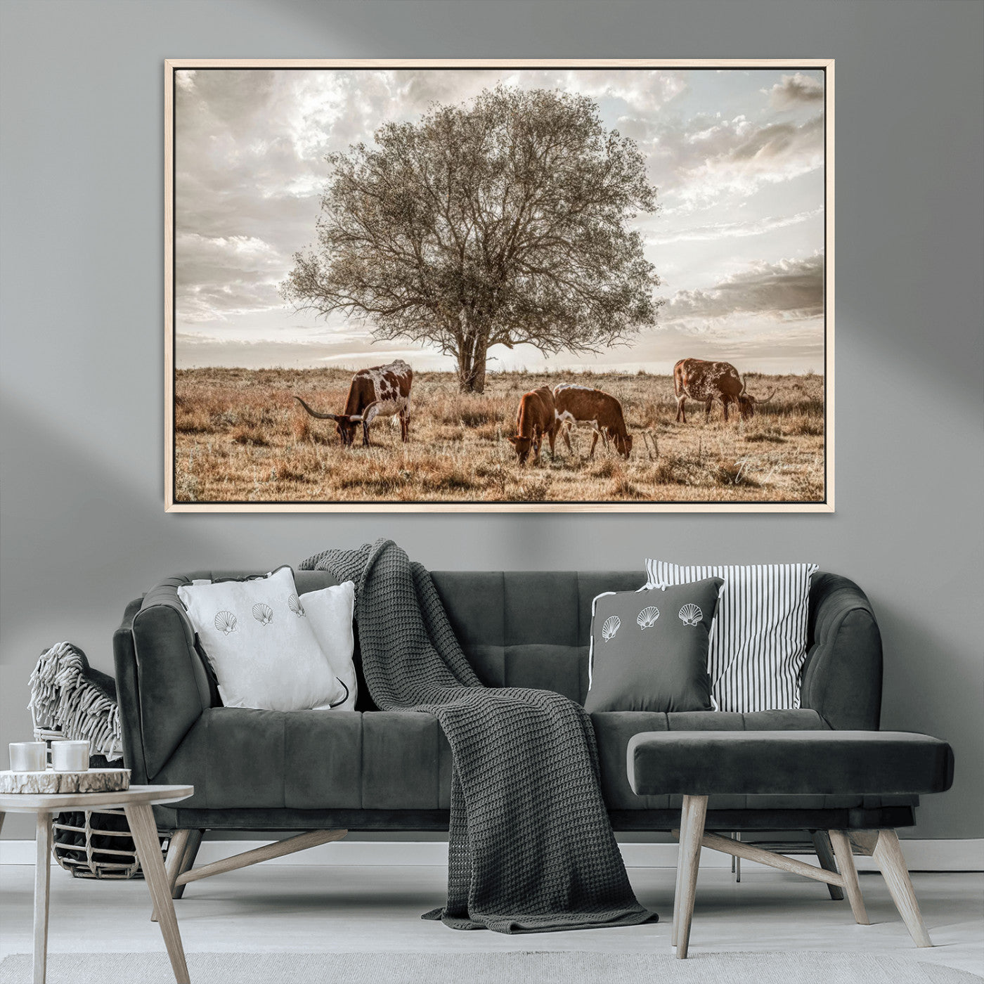 Texas Longhorn Cattle Wall Art Canvas Print – Rustic Western Ranch Scene with Steers at Sunset, Perfect for Farmhouse or Cowboy Decor