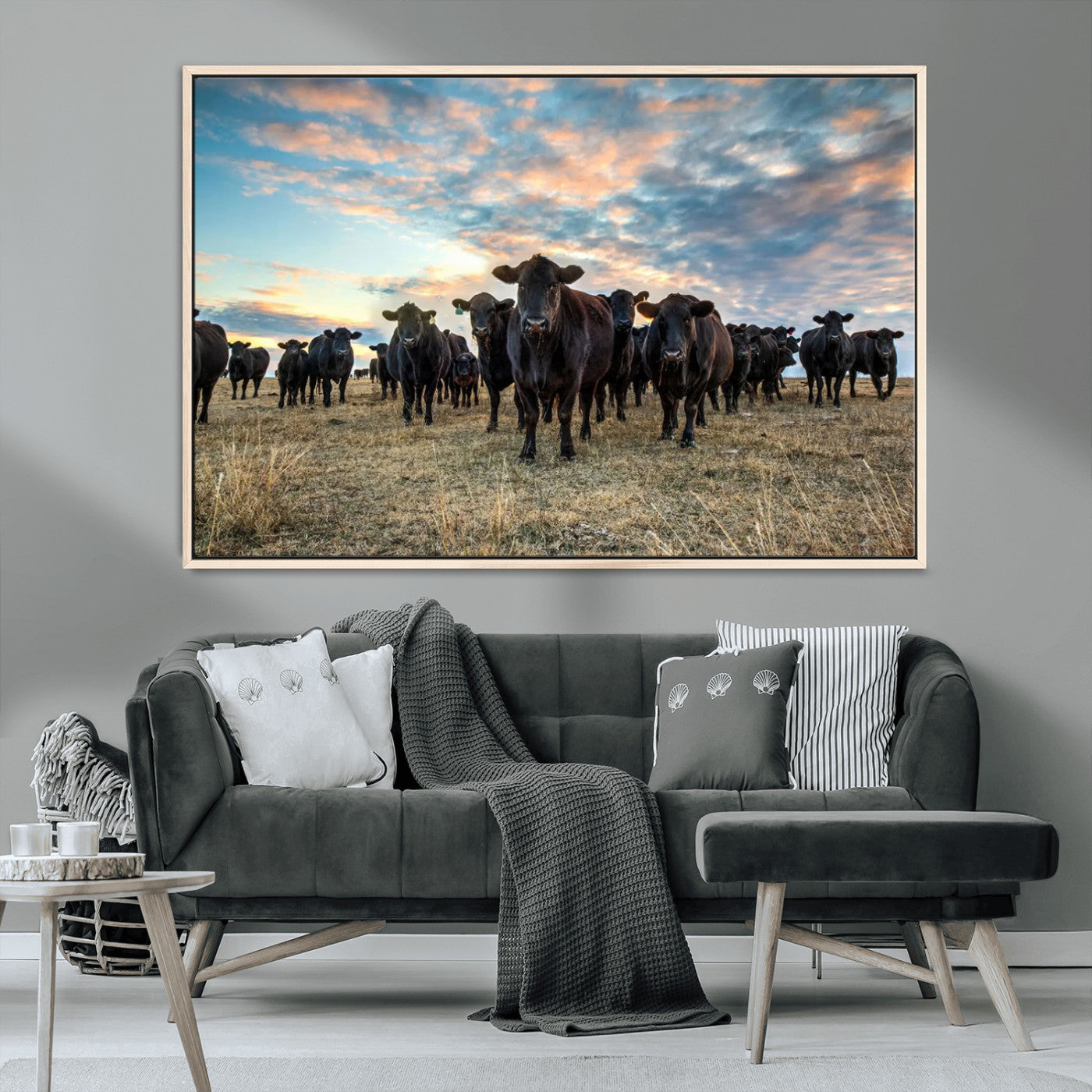 13867292-MGV-CV-36X24-Texas Longhorn Cattle Wall Art Canvas Print – Rustic Western Ranch Scene with Steers at Sunset, Perfect for Farmhouse or Cowboy Decor