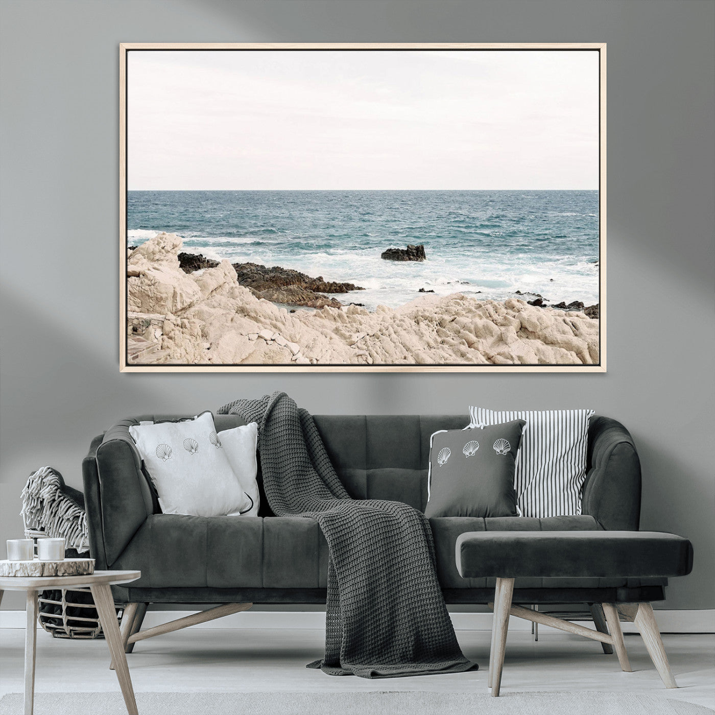 Coastal Ocean View Wall Art Canvas Print – Serene Rocky Shoreline and Blue Sea Photography for Coastal Chic or Minimalist Home Decor