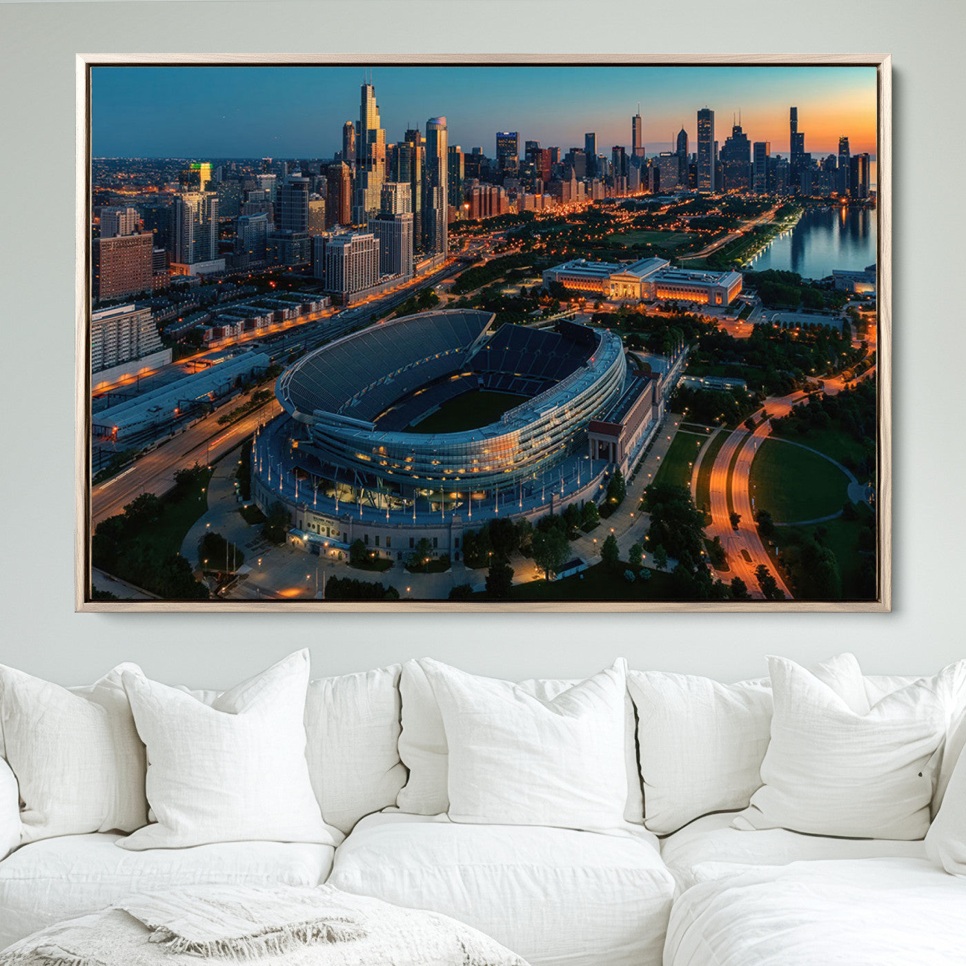 36690345-MGV-FC-36X24_Natural-Chicago Bears Soldiers Field Wall Art Canvas Print – Framed Football Stadium Artwork for Sports Fans, Soldier Field Skyline Canvas Decor for Game Room or Man Cave