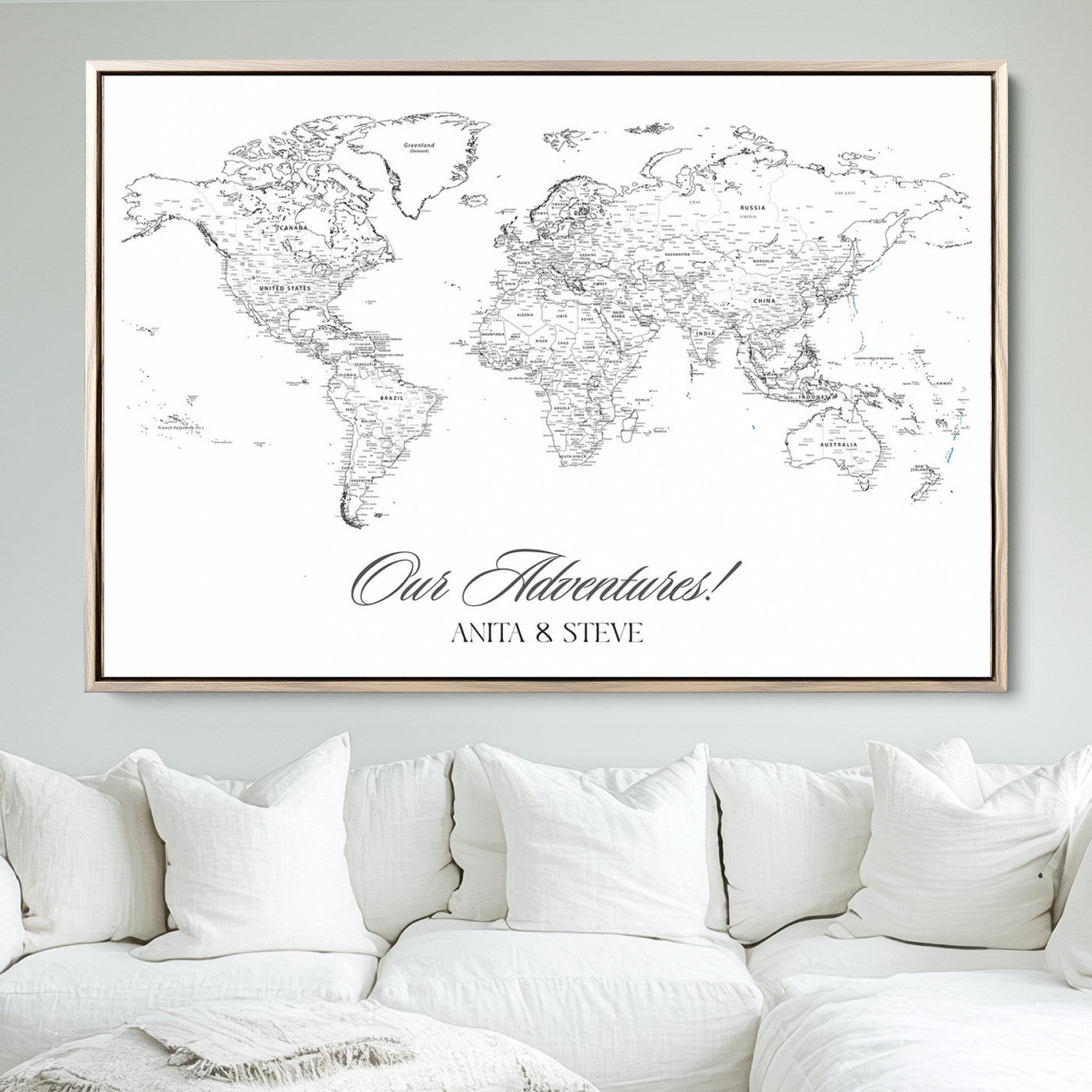 CSTM5001-MGV-FC-36X24_Natural-Personalized Push Pin World Map Wall Art, Custom Map Canvas Print, Adventure Black White Travel Decor for Couples for Anniversaries