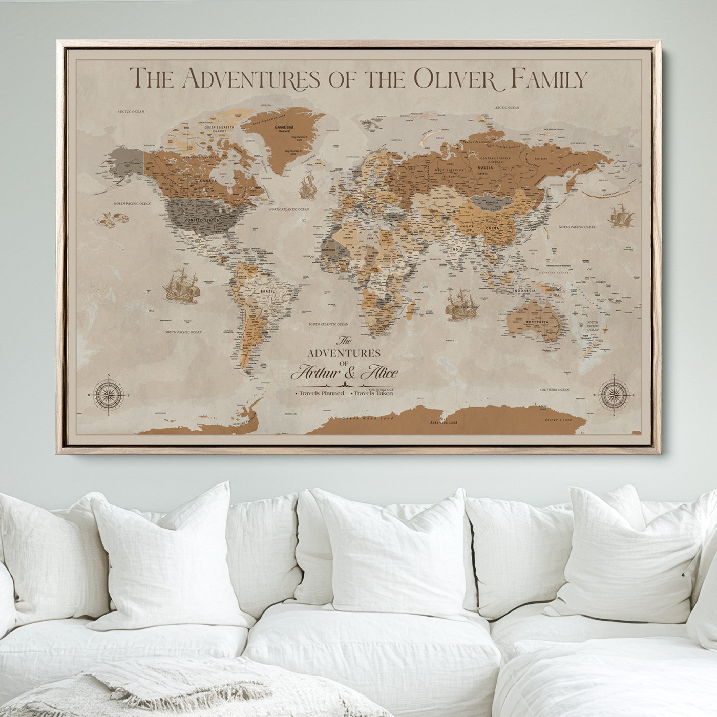 66042608-MGV-FC-36X24_Natural-World Travel Map with Pins – Push Pin Maps of Where I've Been, Framed Wall Map for Travel Memories, Old Style Decorative World Map - H11