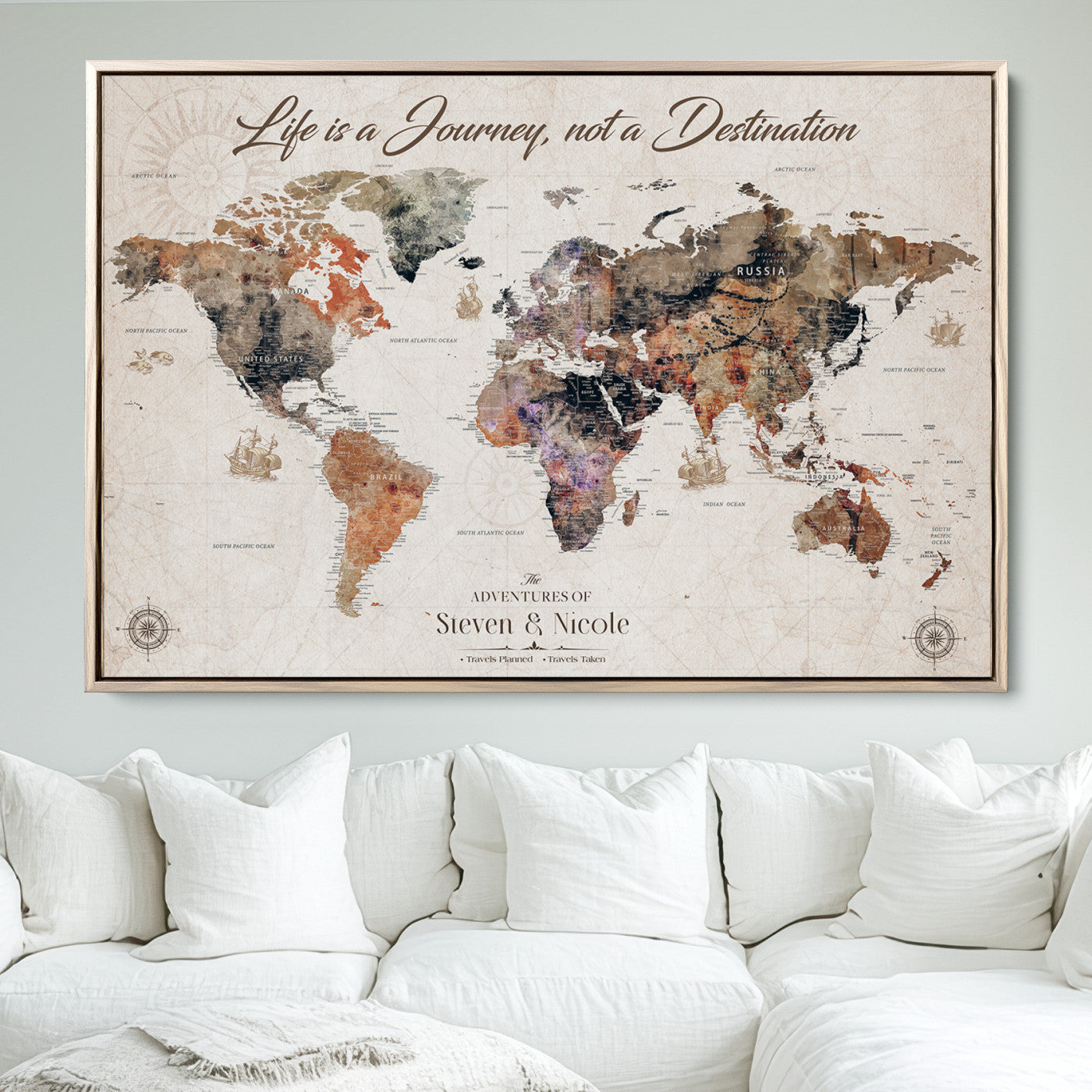 96000140-MGV-FC-36X24_Natural-Canvas Travel Map with Pins – Framed Wall Art to Track Countries and Cities, Beautiful World Map in Rustic Old Style for Decoration - H14