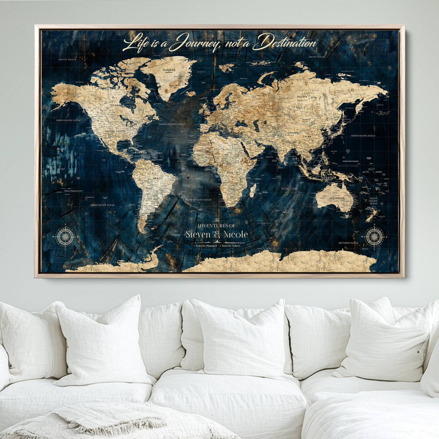 23551206-MGV-FC-36X24_Natural-Old Style World Map with Push Pins – Framed Canvas Print for Wall, Track Past and Future Adventures in a Decorative Way - H15